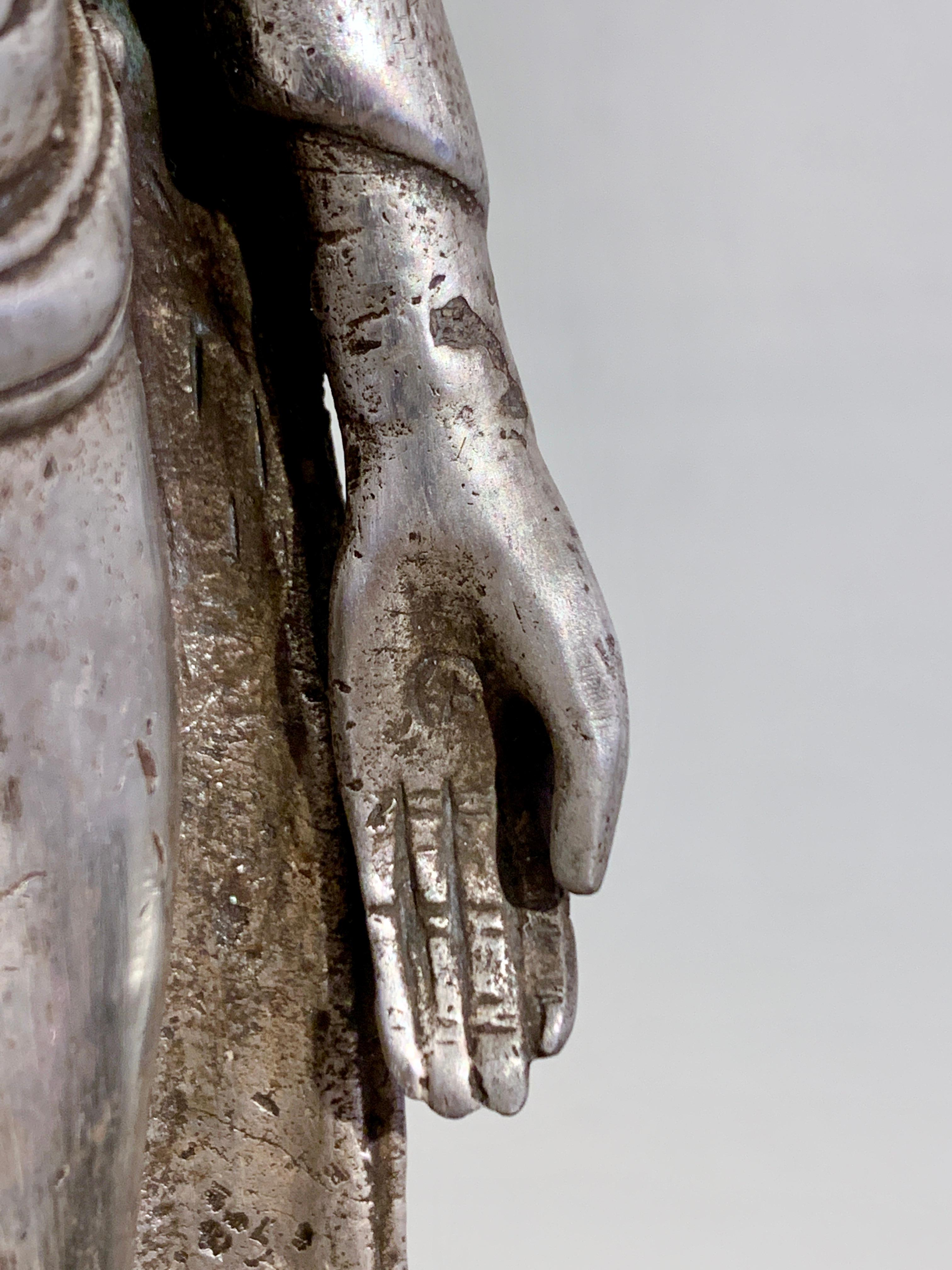 Thai Cast Silver Alloy Standing Buddha, Mid 20th Century, Thailand For Sale 11