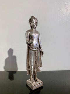 Thai Cast Silver Alloy Standing Buddha, Mid 20th Century, Thailand