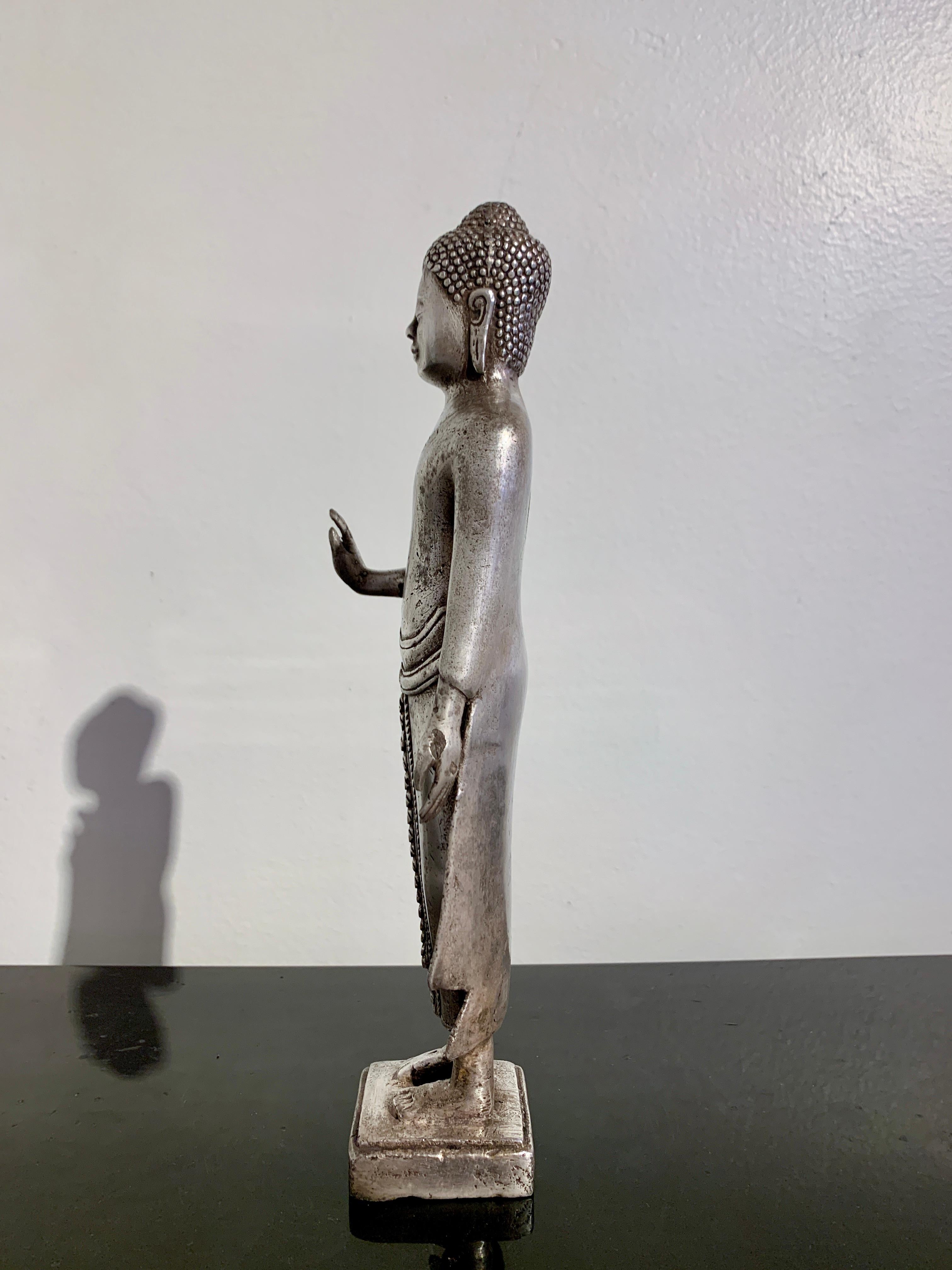 Thai Cast Silver Alloy Standing Buddha, Mid 20th Century, Thailand For Sale 1