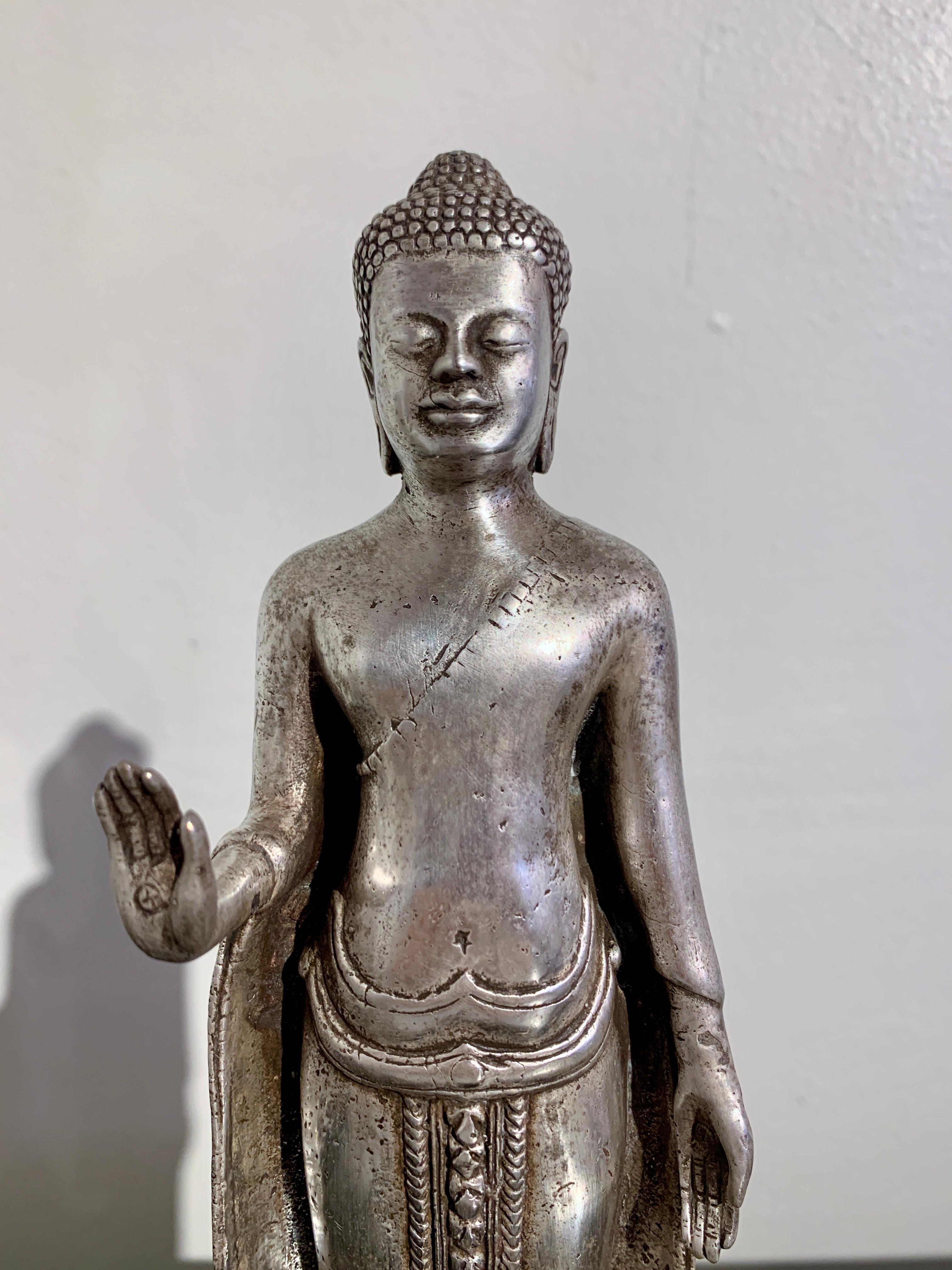 Thai Cast Silver Alloy Standing Buddha, Mid 20th Century, Thailand For Sale 3