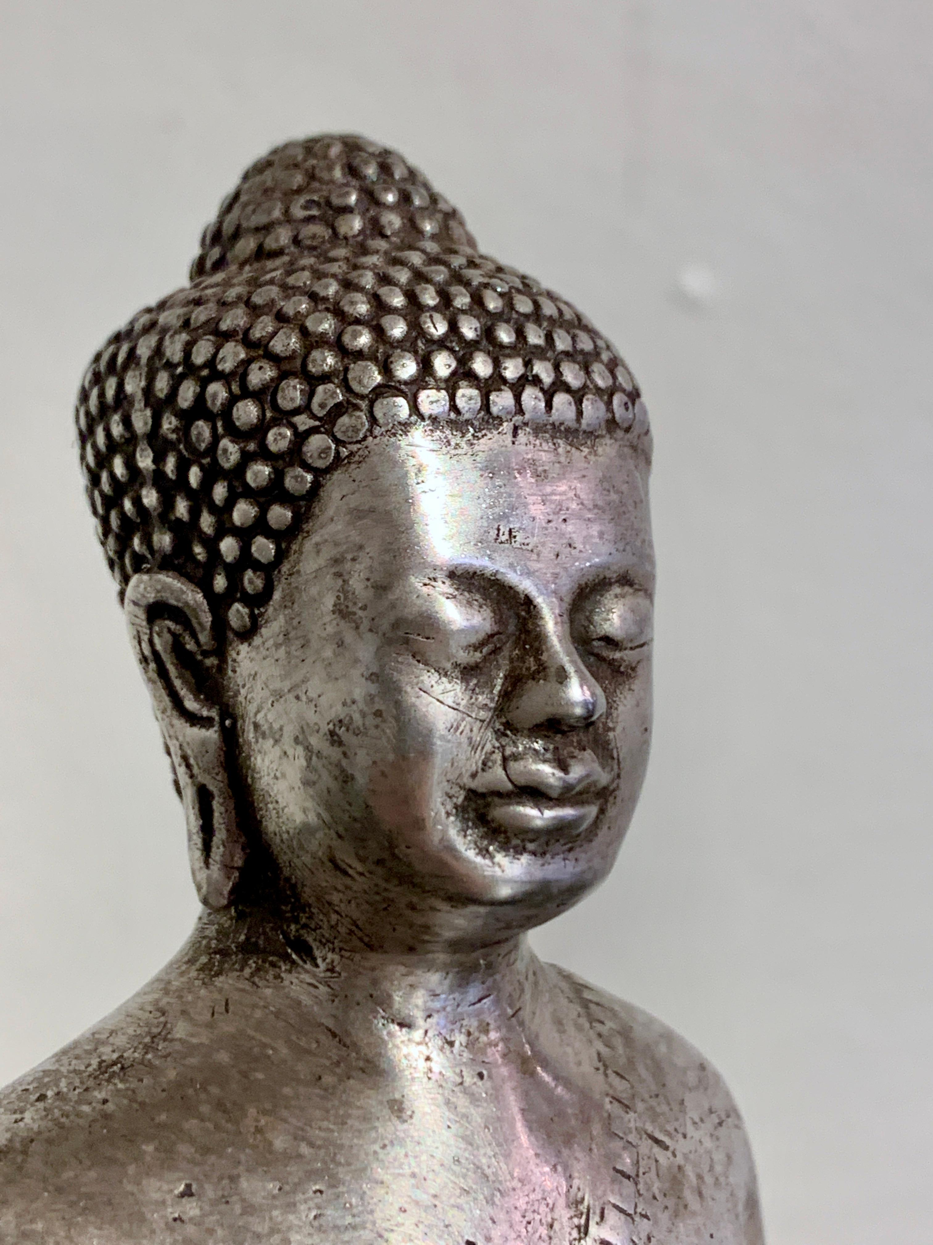 Thai Cast Silver Alloy Standing Buddha, Mid 20th Century, Thailand For Sale 4