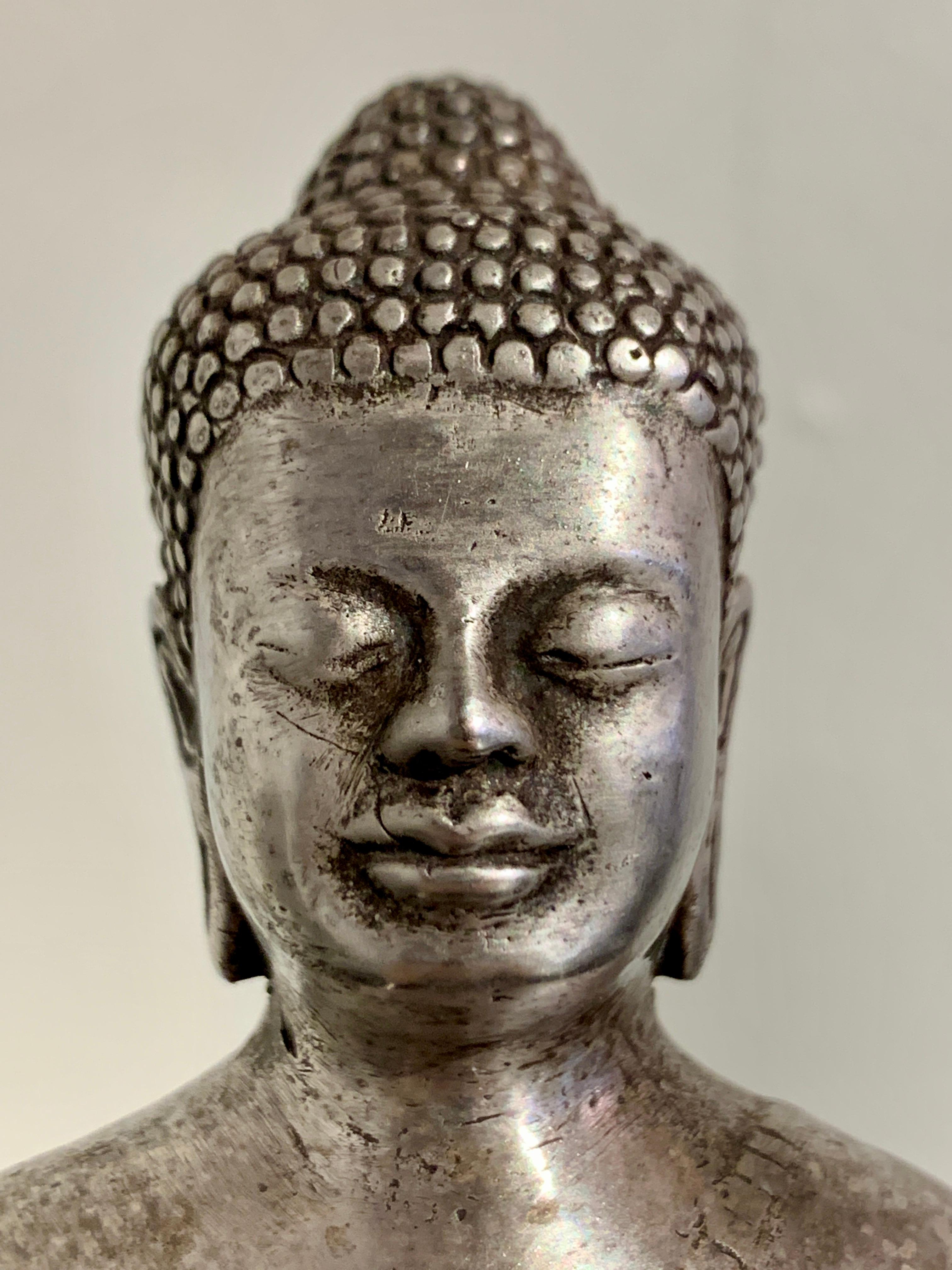 Thai Cast Silver Alloy Standing Buddha, Mid 20th Century, Thailand For Sale 4