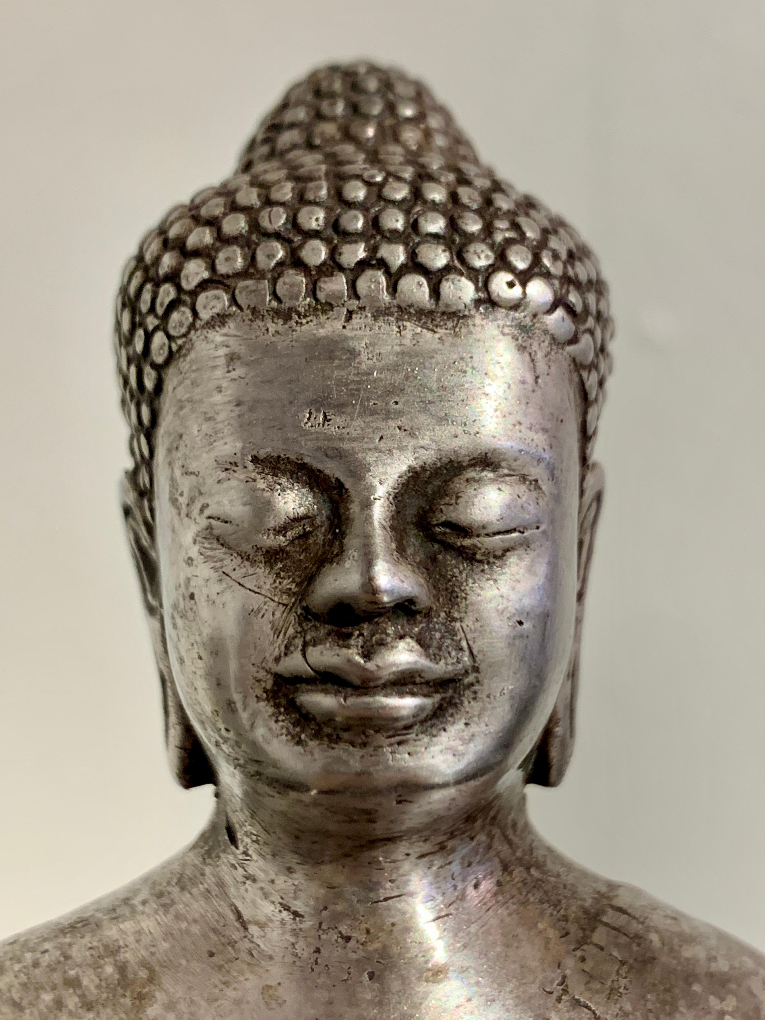 Thai Cast Silver Alloy Standing Buddha, Mid 20th Century, Thailand For Sale 5