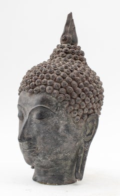 Thai Cast Stone with Bronzed Patina Buddha Head Bust, 19th Century