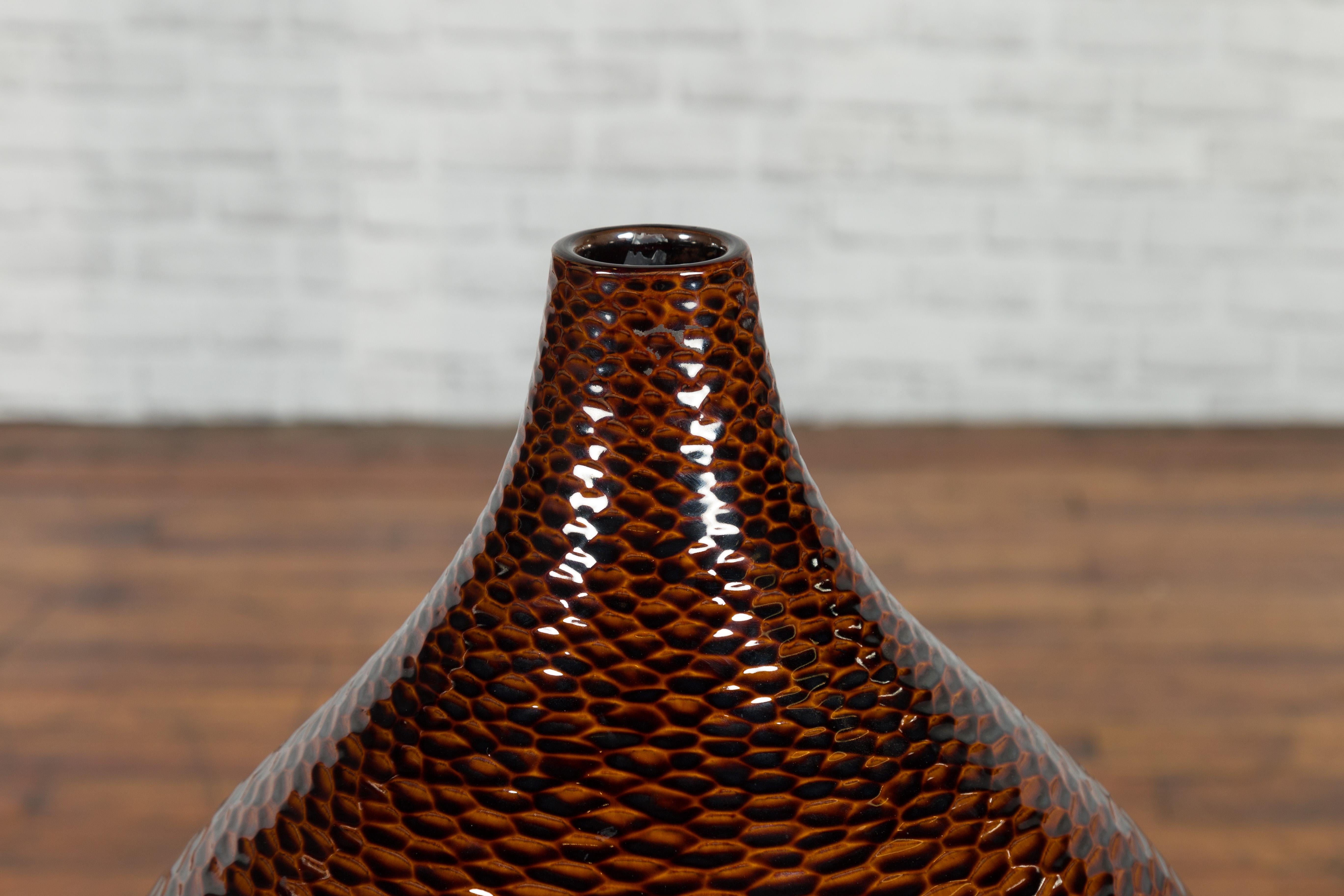 Thai Chiang Mai Brown Textured Teardrop Shaped Vase from the Prem Collection In Good Condition For Sale In Yonkers, NY