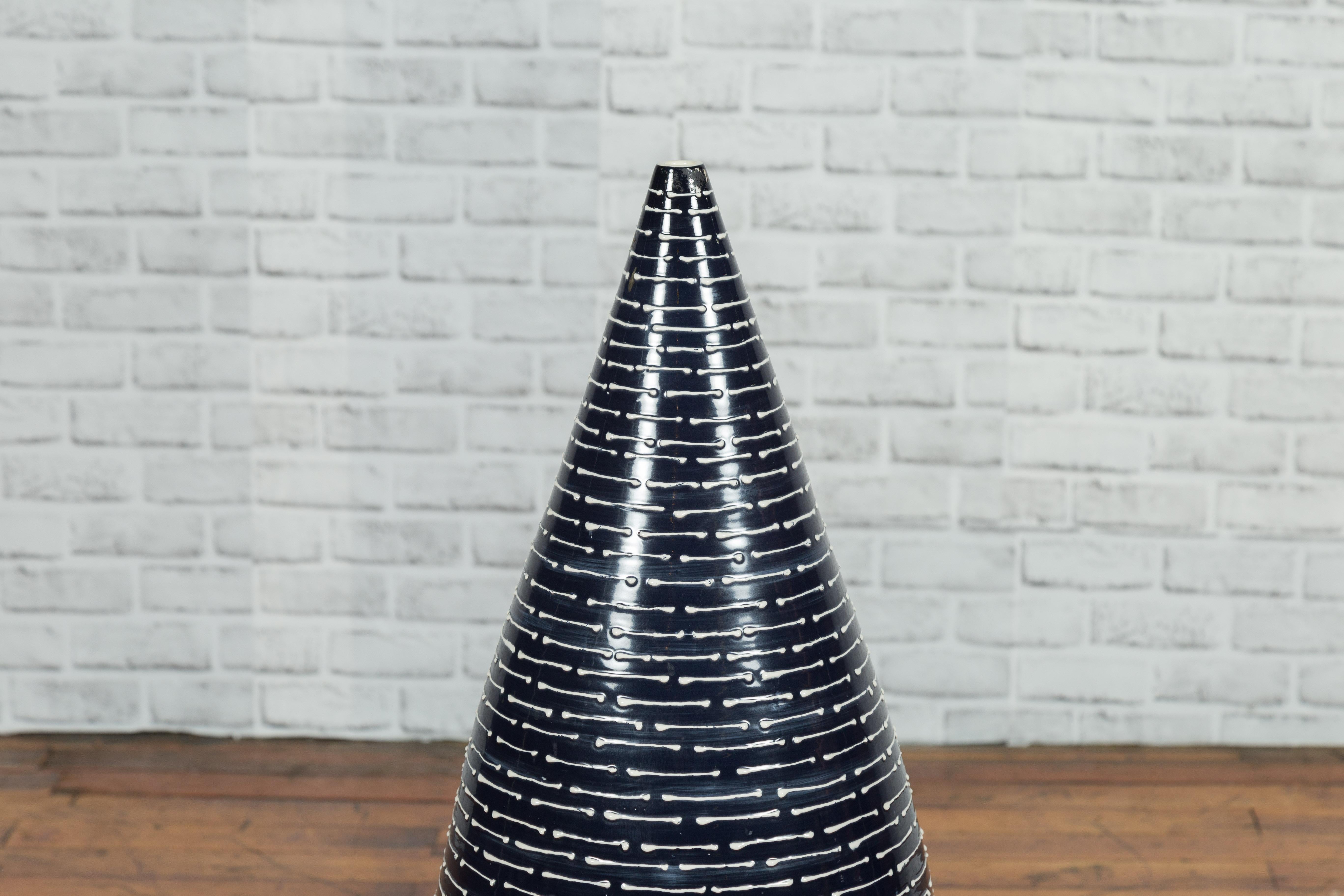 Sleek Black and White Glazed Ceramic Vase with Striated Décor, Narrow Mouth For Sale 1