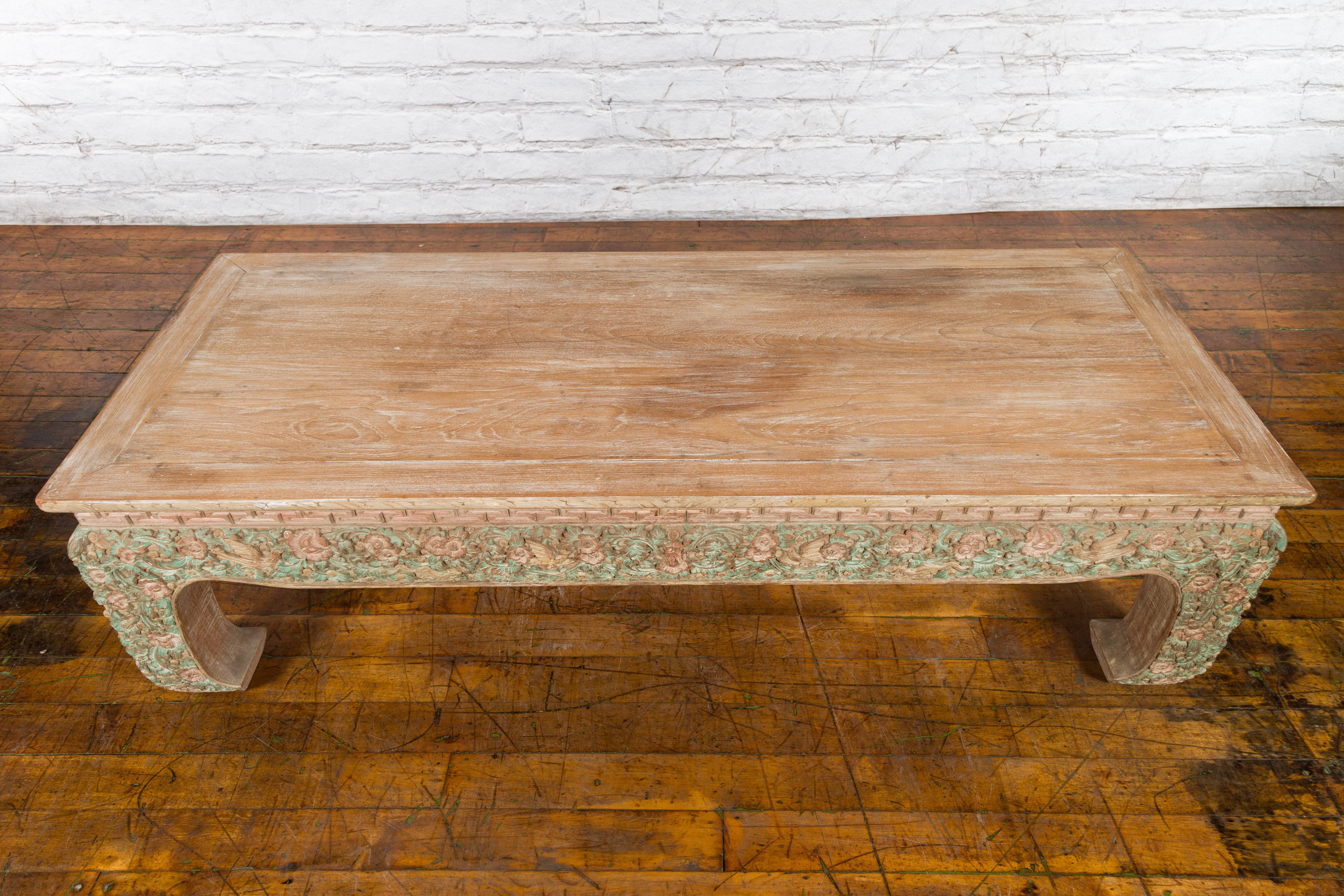 Thai Contemporary Teak Wood Coffee Table with Carved and Painted Floral Motifs For Sale 10