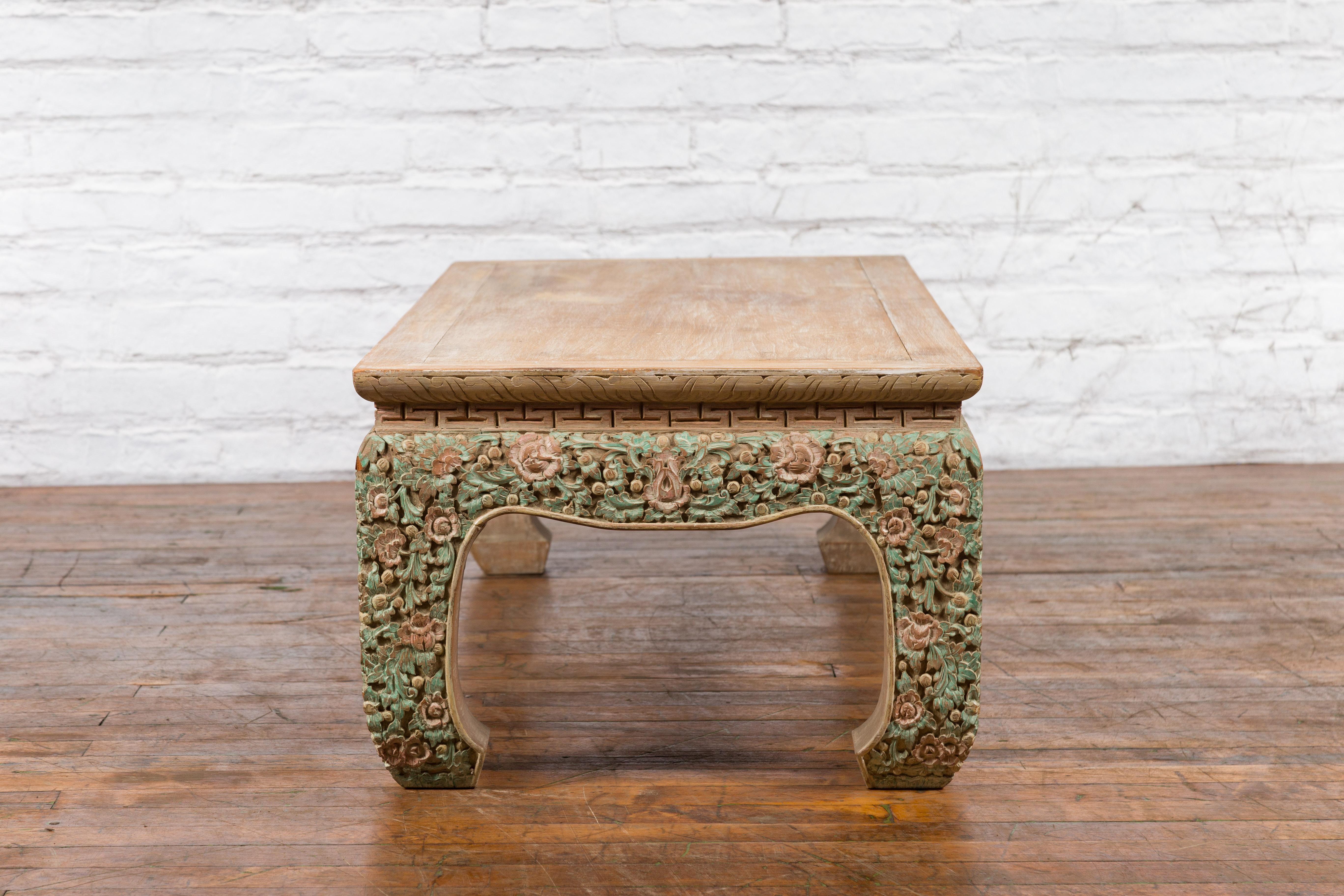 Thai Contemporary Teak Wood Coffee Table with Carved and Painted Floral Motifs For Sale 14