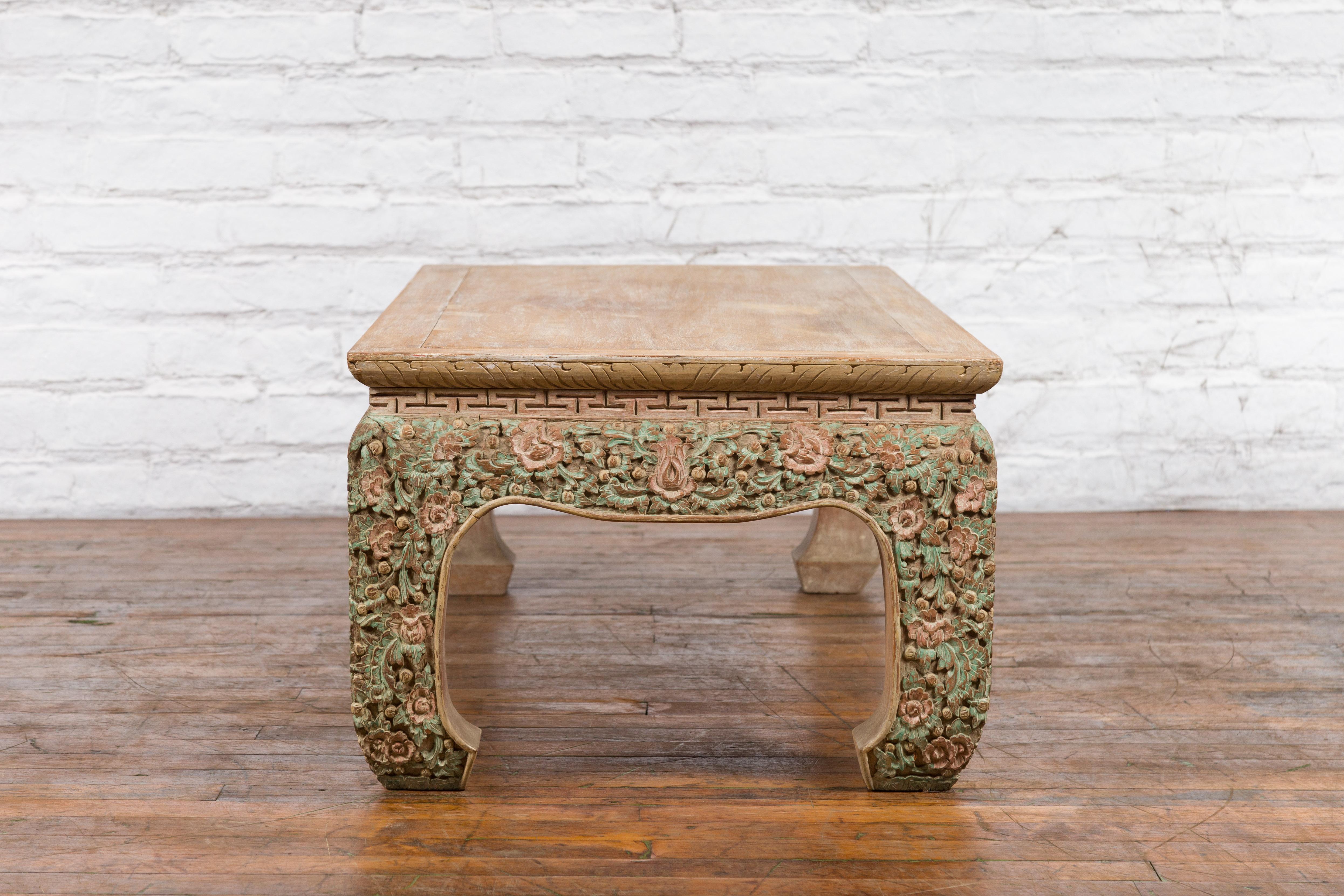 Thai Contemporary Teak Wood Coffee Table with Carved and Painted Floral Motifs For Sale 16