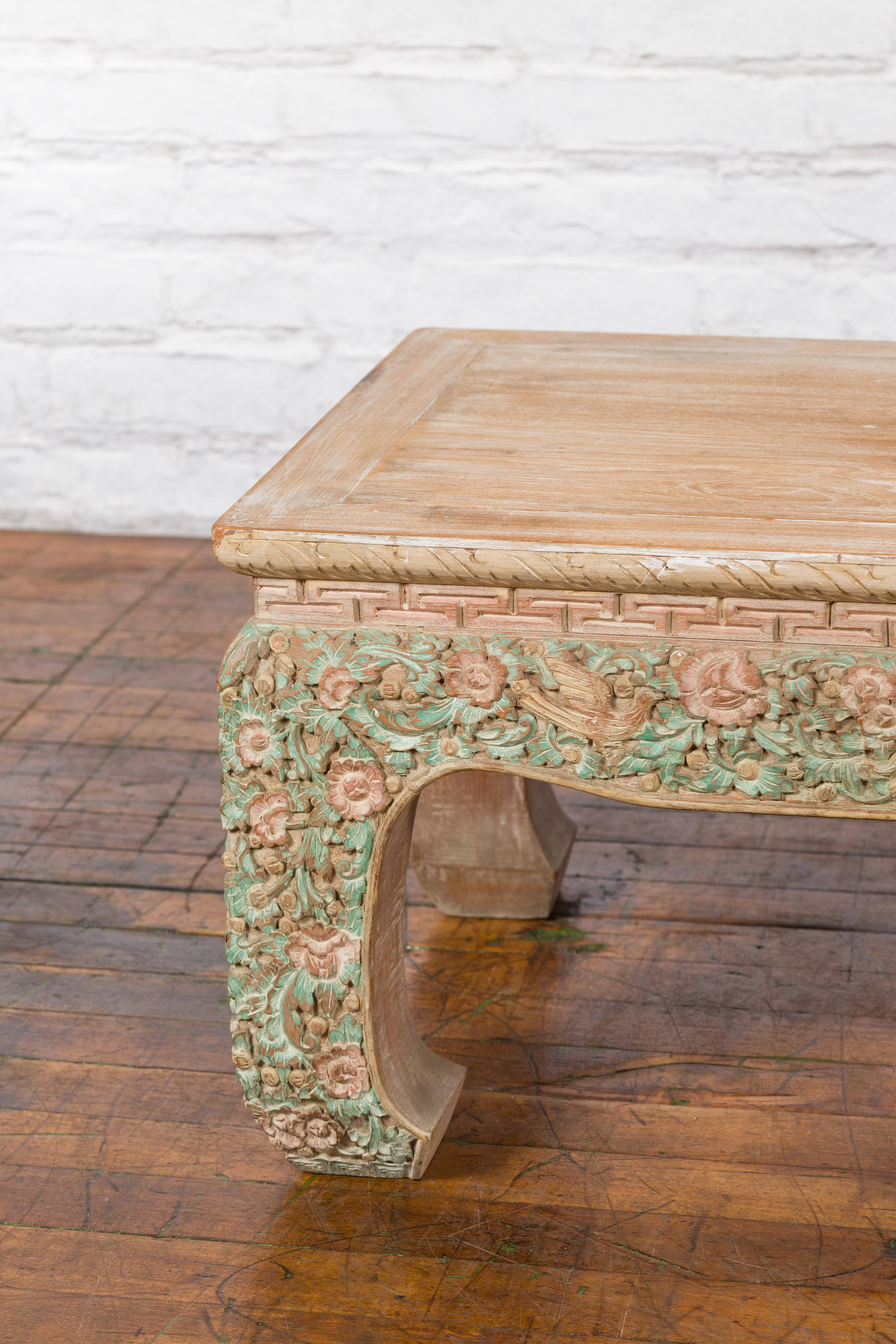 Thai Contemporary Teak Wood Coffee Table with Carved and Painted Floral Motifs For Sale 2