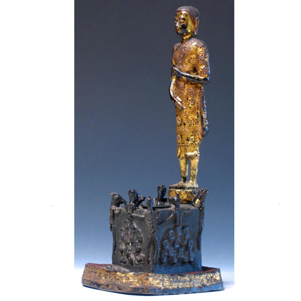 Bronze Thai gilded copper alloy sculpture of Phra Malai visiting the damned to hell For Sale