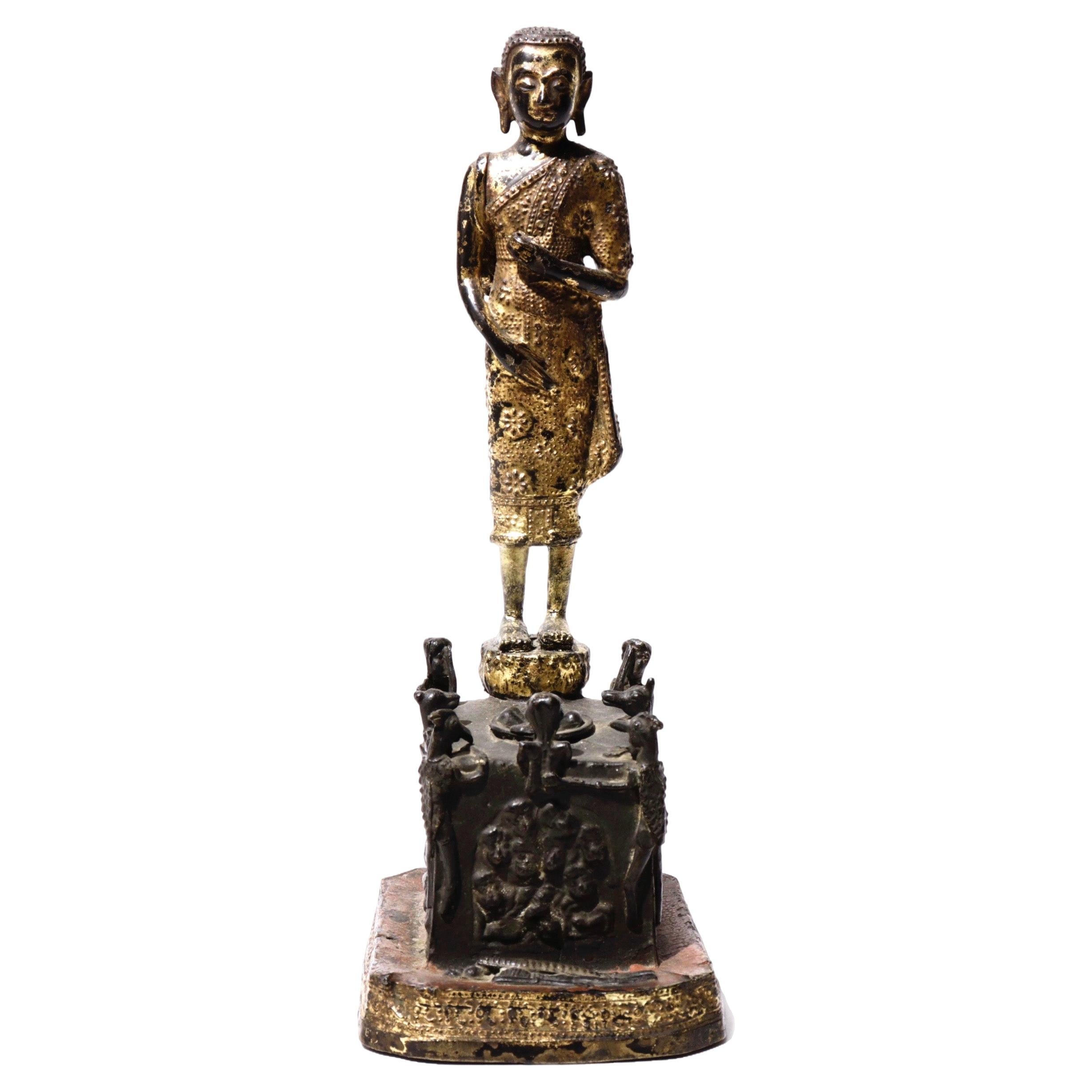 Thai gilded copper alloy sculpture of Phra Malai visiting the damned to hell For Sale