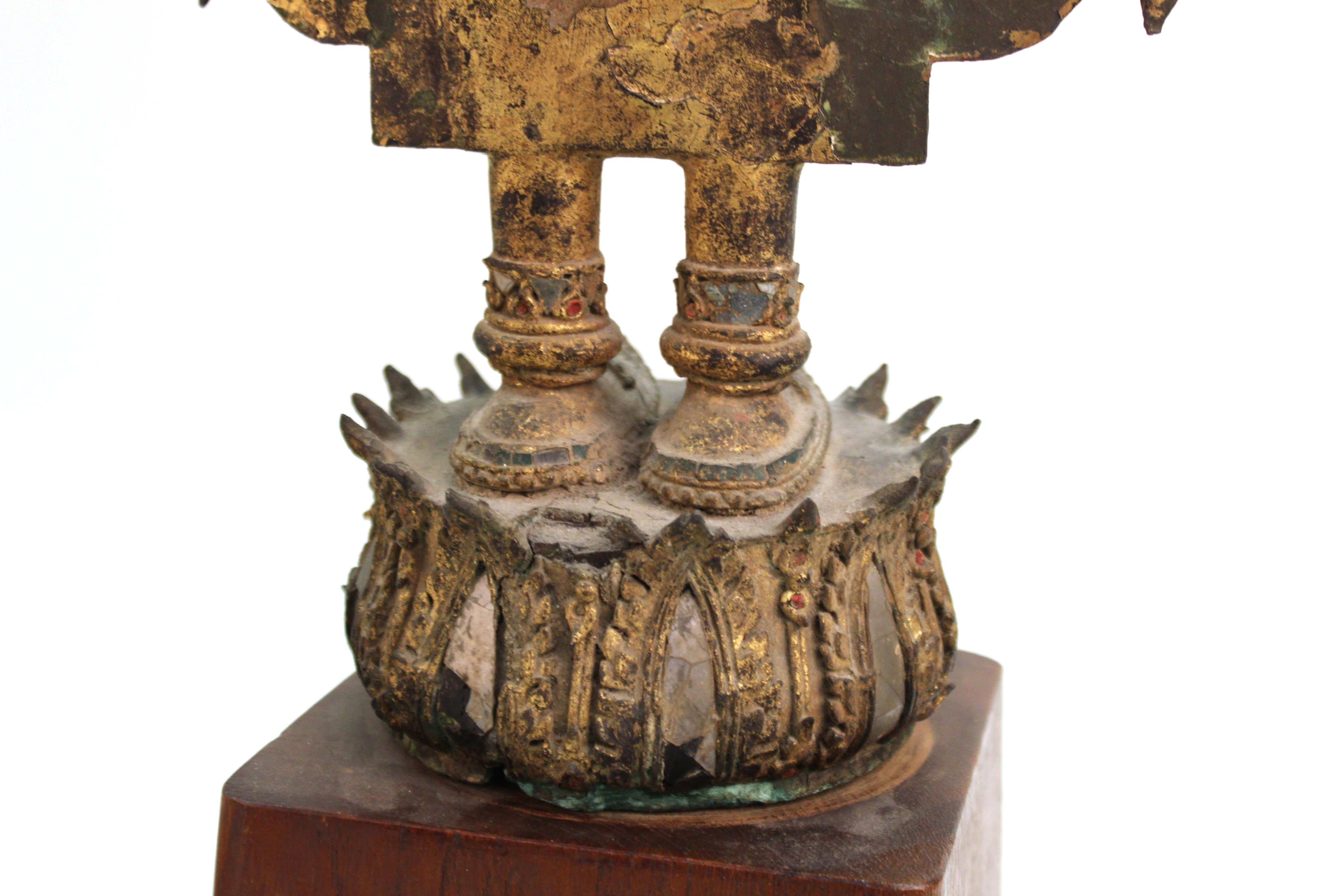 Thai Gilded Mirrored Bronze Buddha Statue on Wooden Base 5