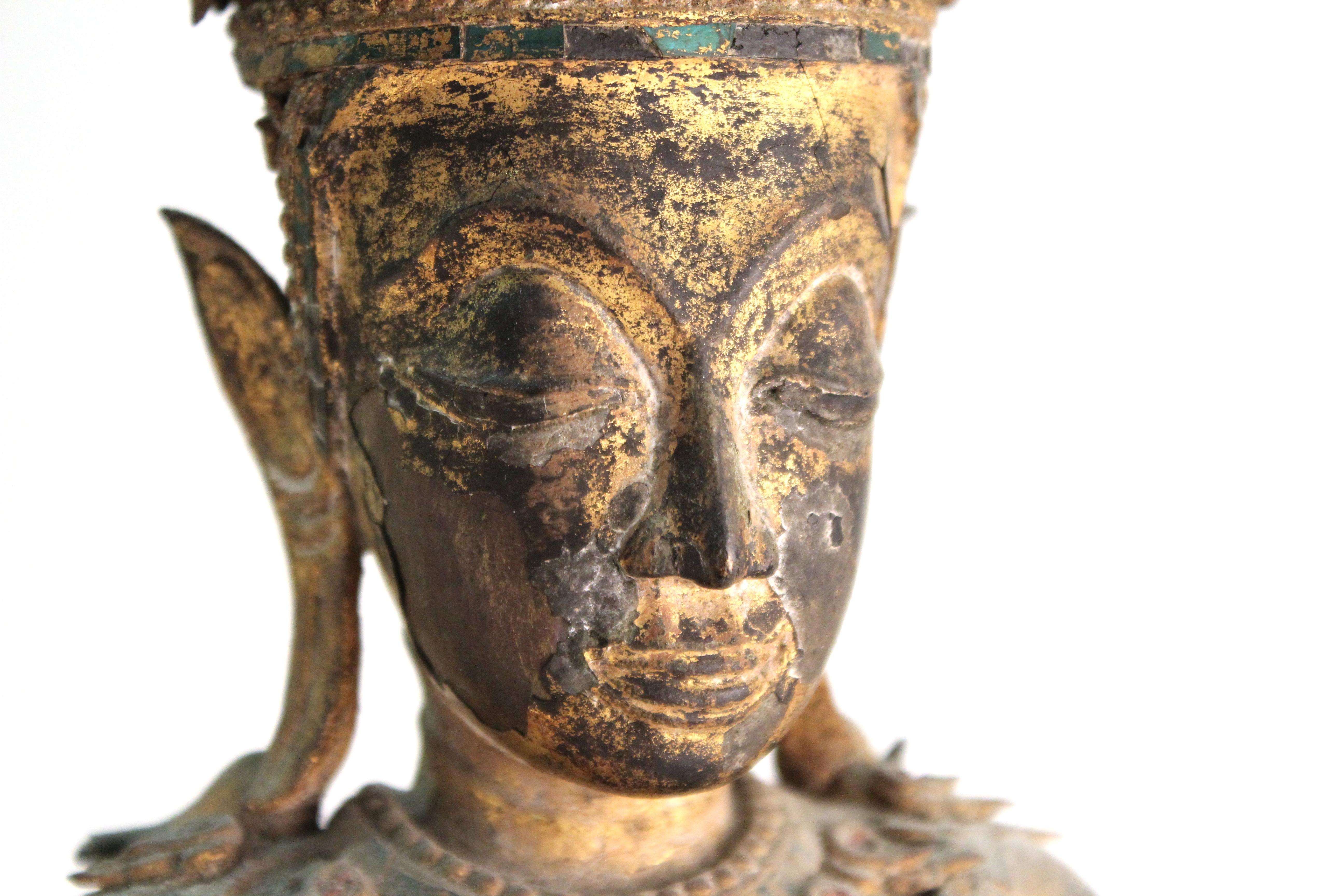 Thai Gilded Mirrored Bronze Buddha Statue on Wooden Base 9
