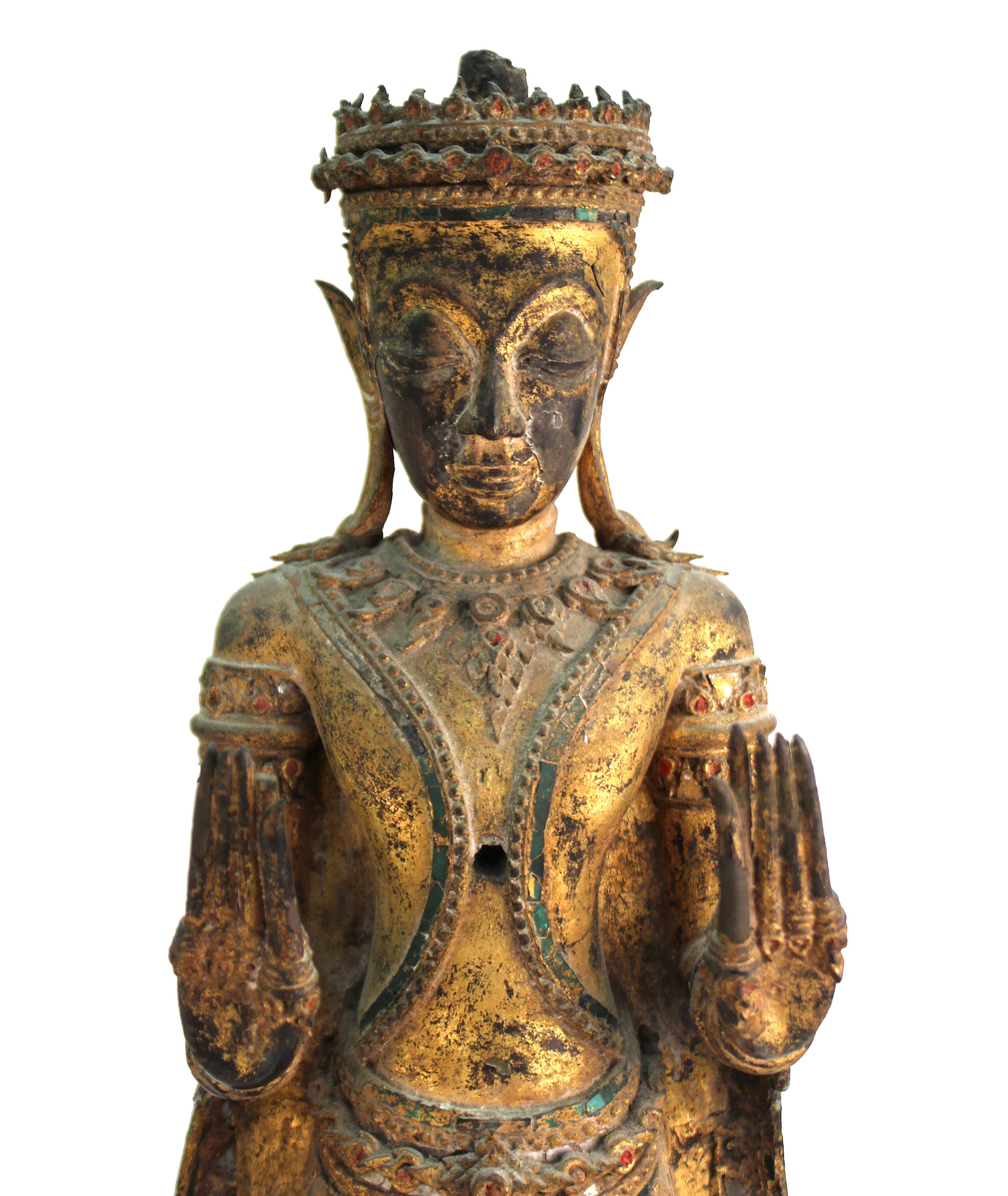 Gilt Thai Gilded Mirrored Bronze Buddha Statue on Wooden Base