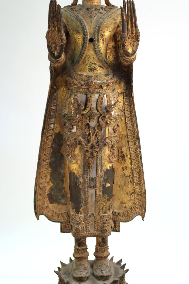 Thai Gilded Mirrored Bronze Buddha Statue on Wooden Base ...