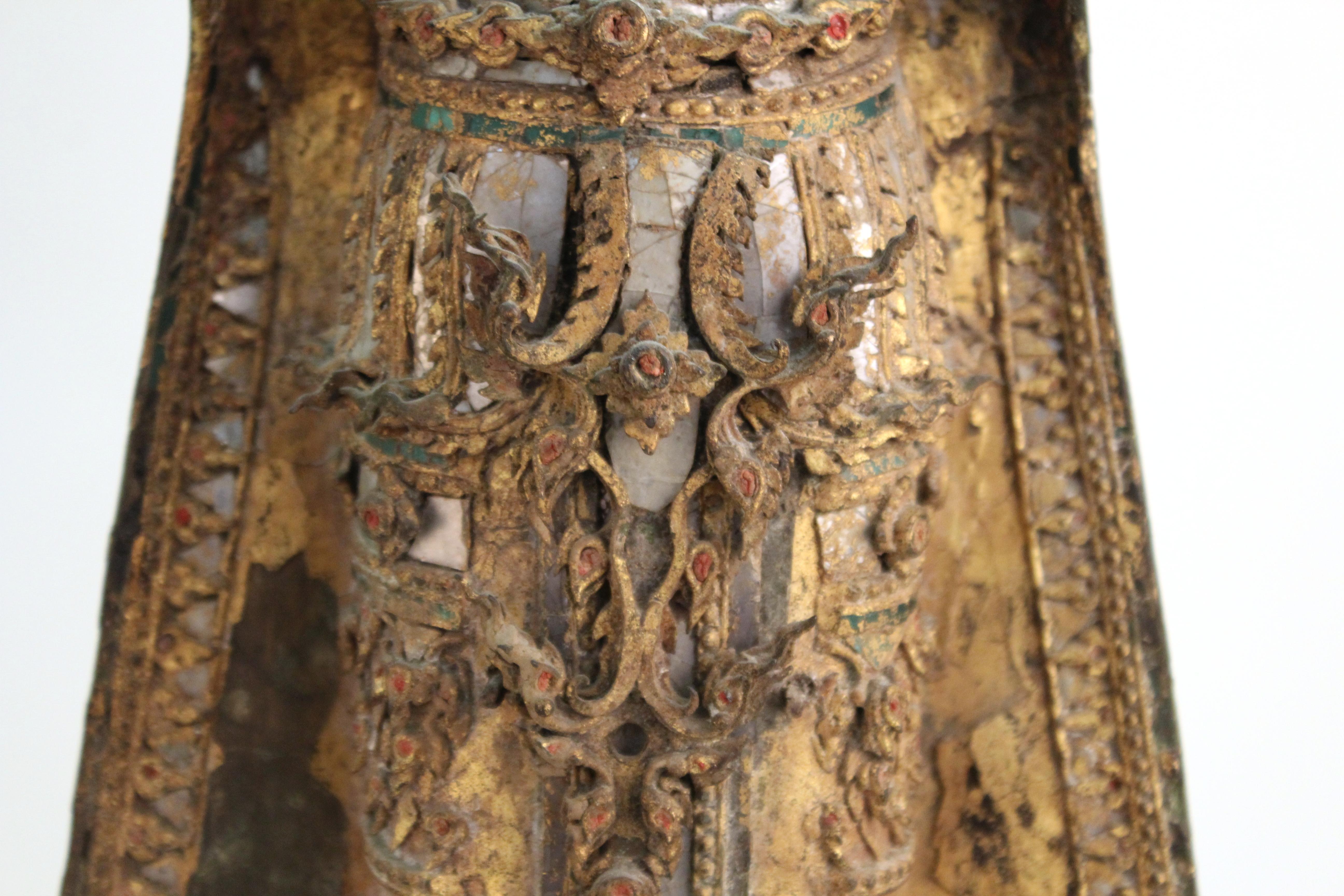 18th Century and Earlier Thai Gilded Mirrored Bronze Buddha Statue on Wooden Base