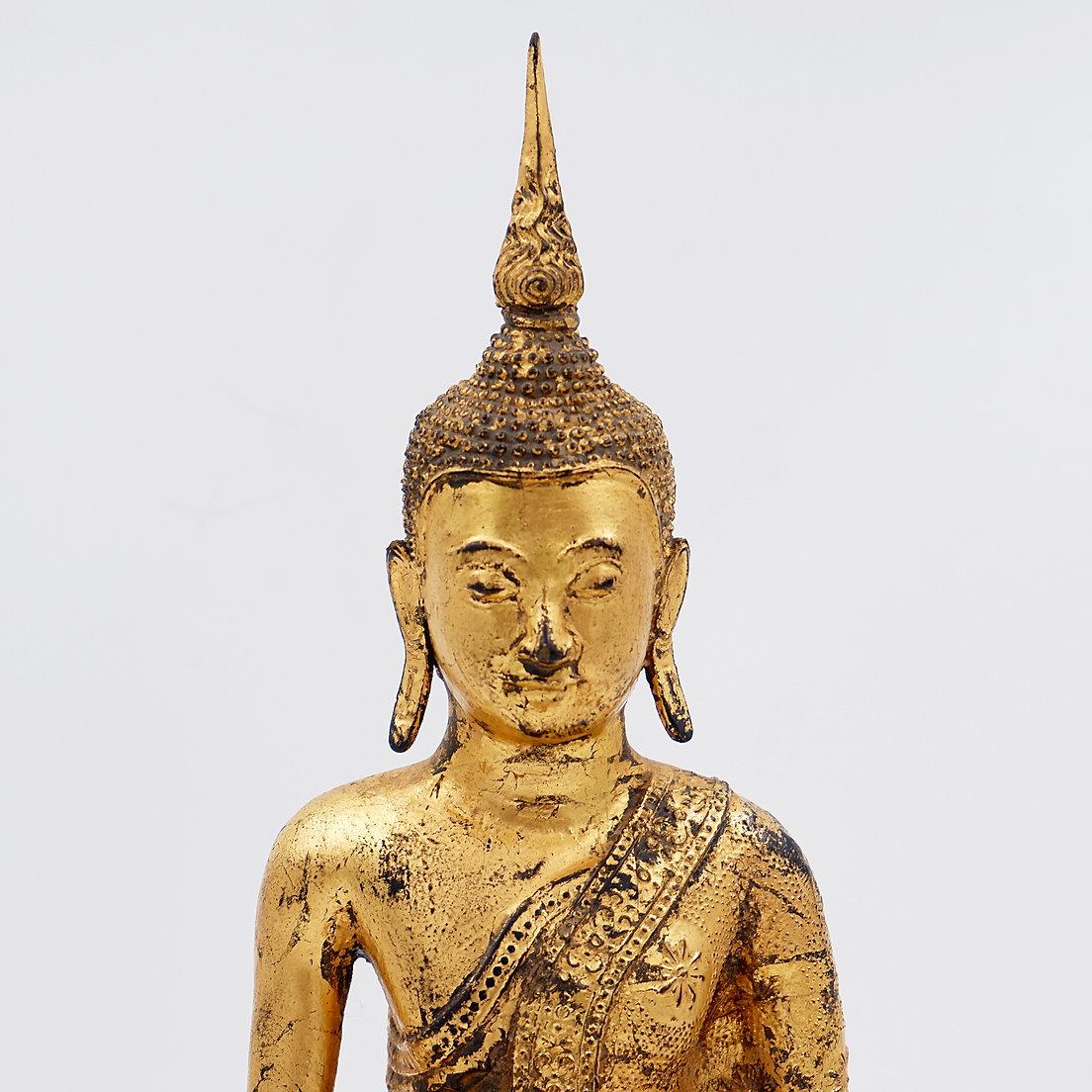 Thai Gilt Bronze Seated Earth Touching Buddha Figure, Late 19th Century For Sale 7