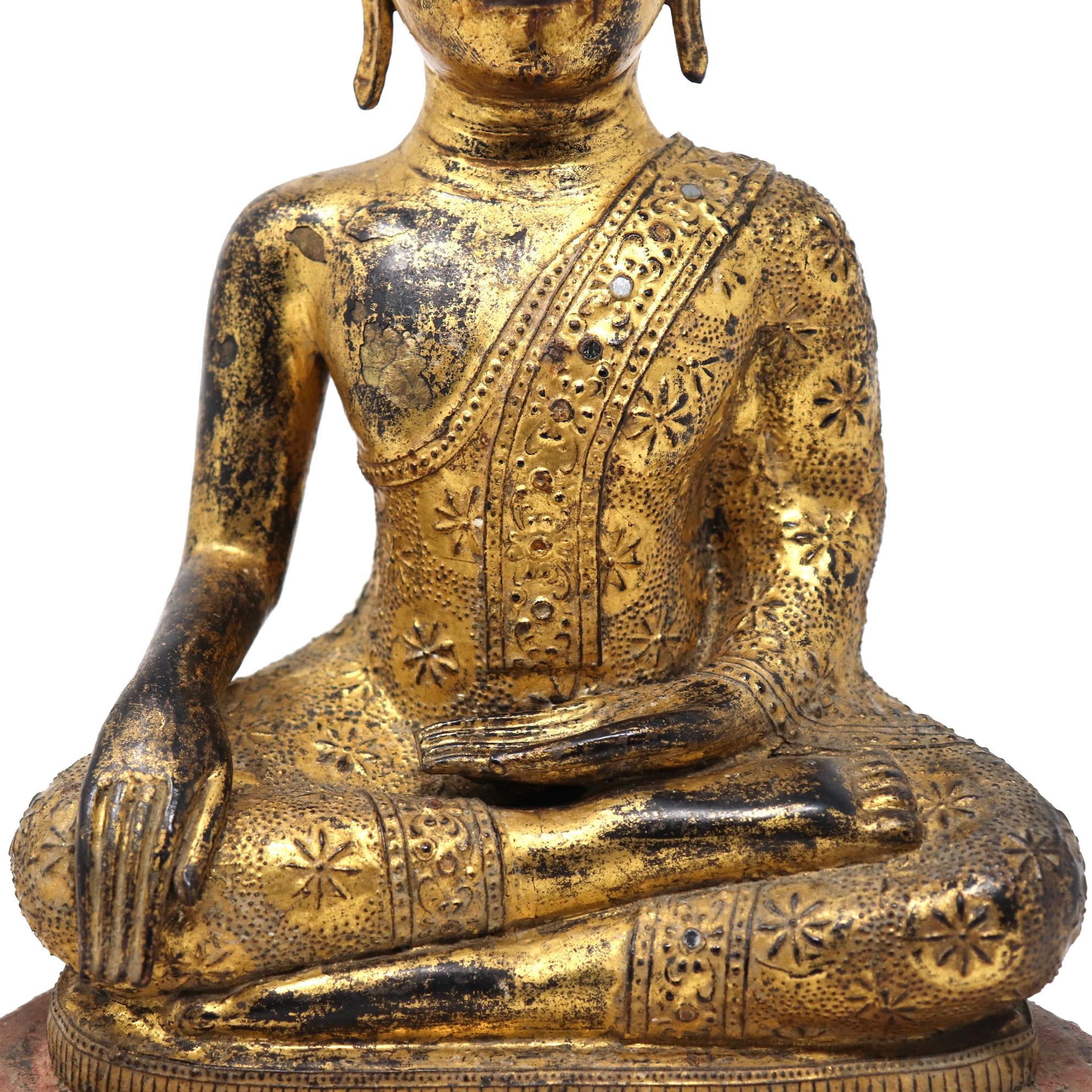 Thai Gilt Bronze Seated Earth Touching Buddha Figure, Late 19th Century For Sale 7