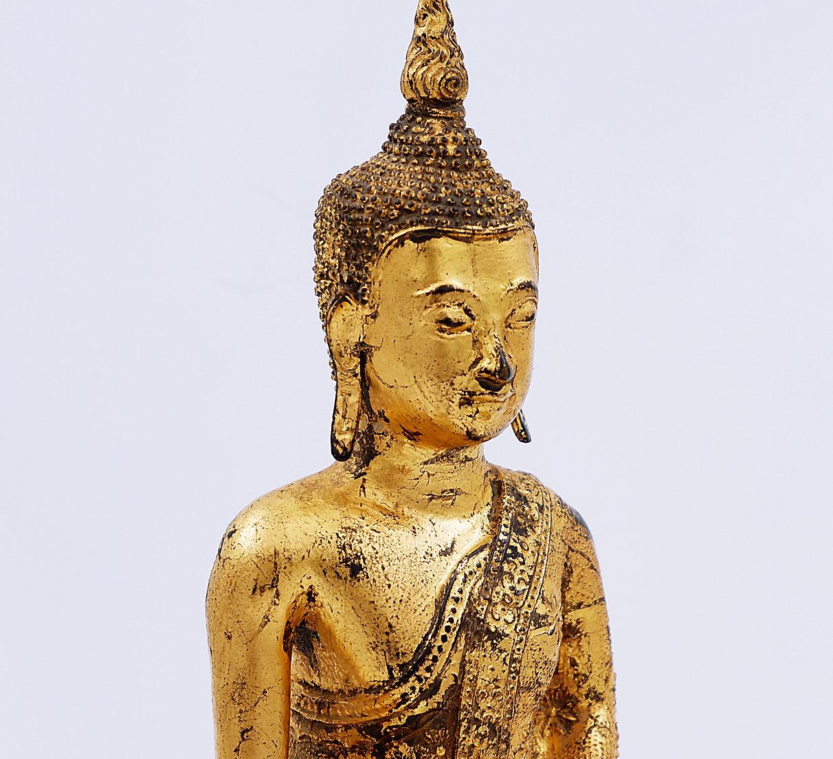 Thai Gilt Bronze Seated Earth Touching Buddha Figure, Late 19th Century For Sale 8