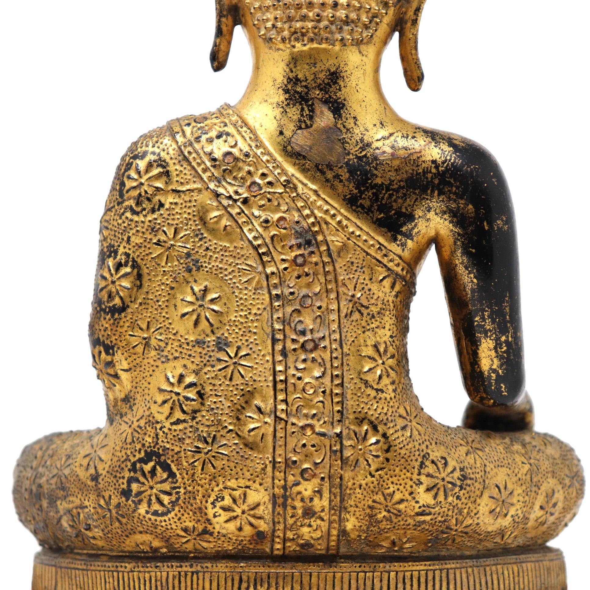 Thai Gilt Bronze Seated Earth Touching Buddha Figure, Late 19th Century For Sale 8