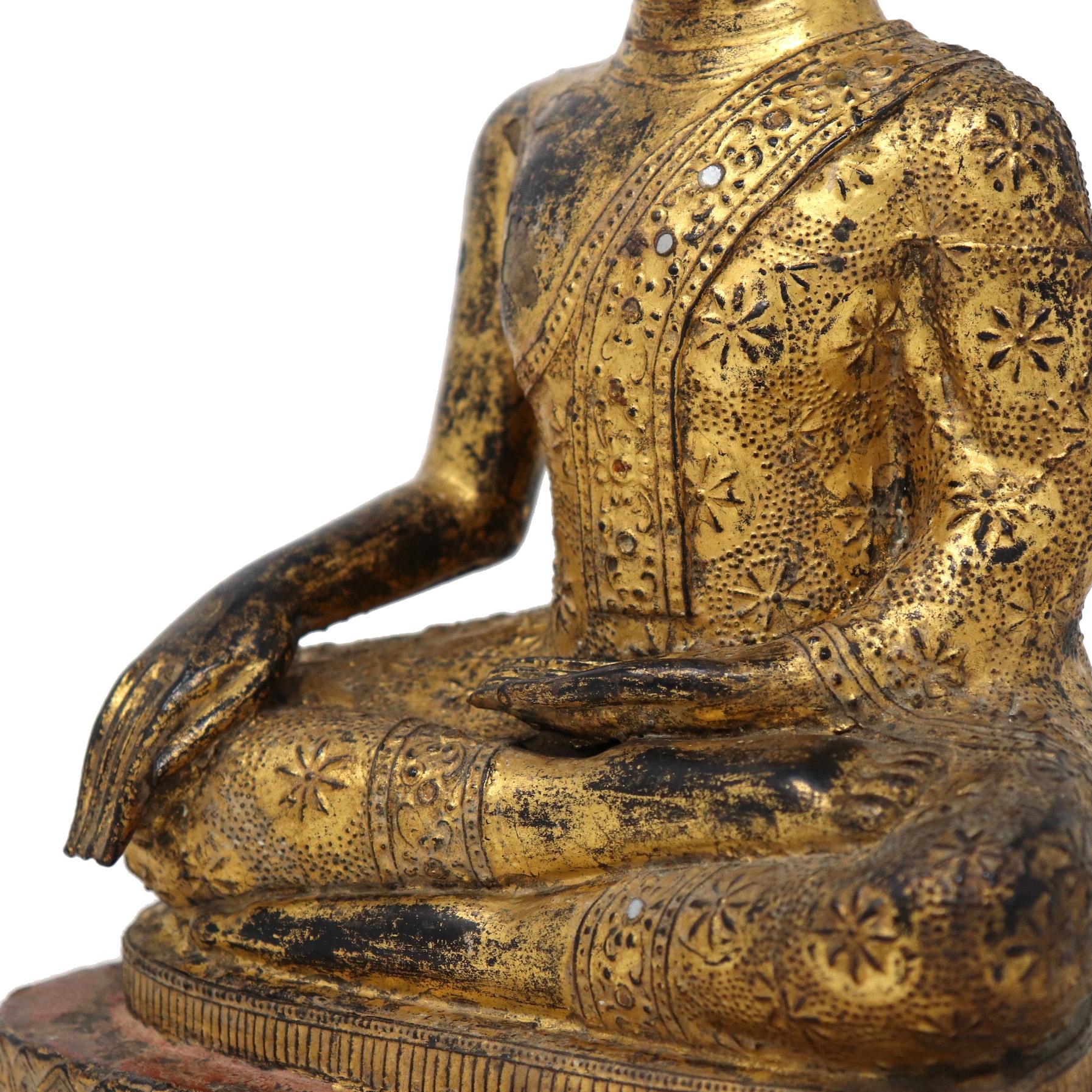 Thai Gilt Bronze Seated Earth Touching Buddha Figure, Late 19th Century For Sale 9
