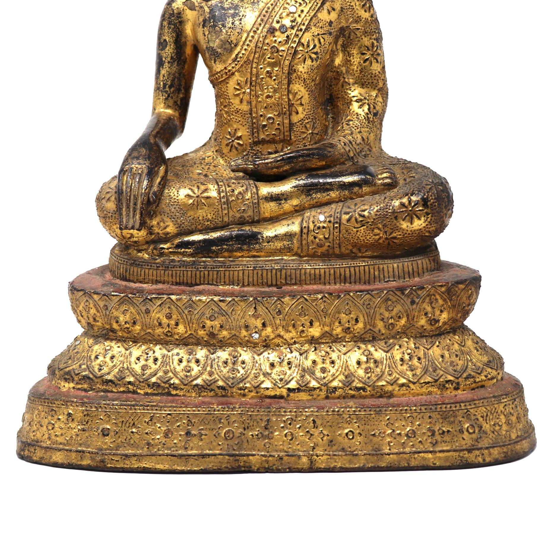Thai Gilt Bronze Seated Earth Touching Buddha Figure, Late 19th Century For Sale 10