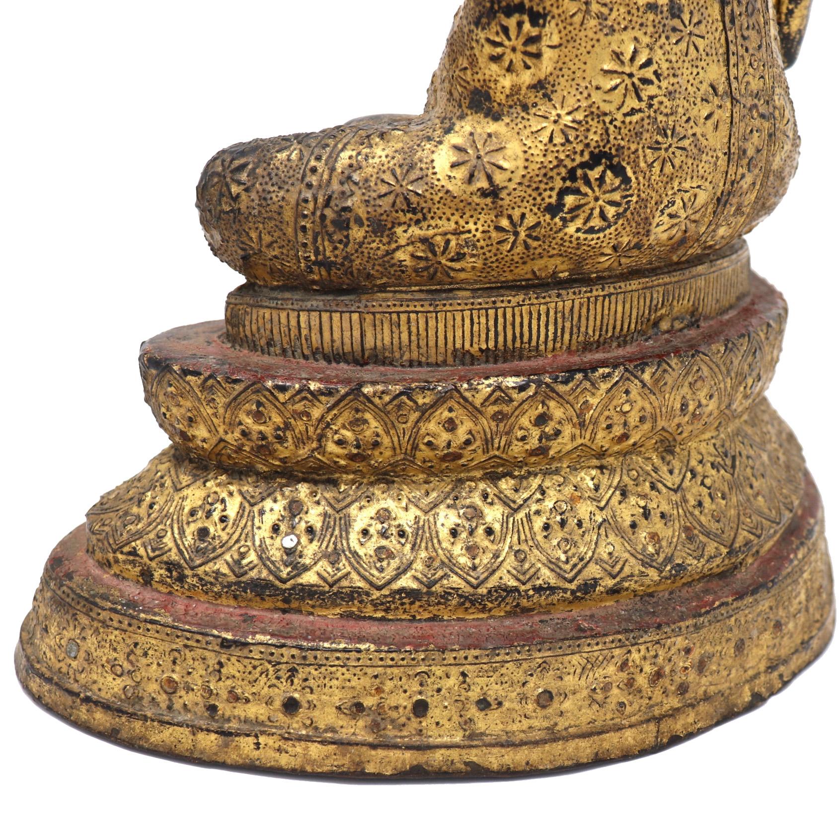 Thai Gilt Bronze Seated Earth Touching Buddha Figure, Late 19th Century For Sale 11