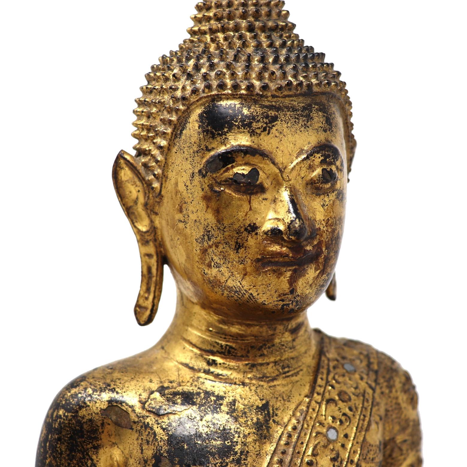 Thai Gilt Bronze Seated Earth Touching Buddha Figure, Late 19th Century For Sale 13