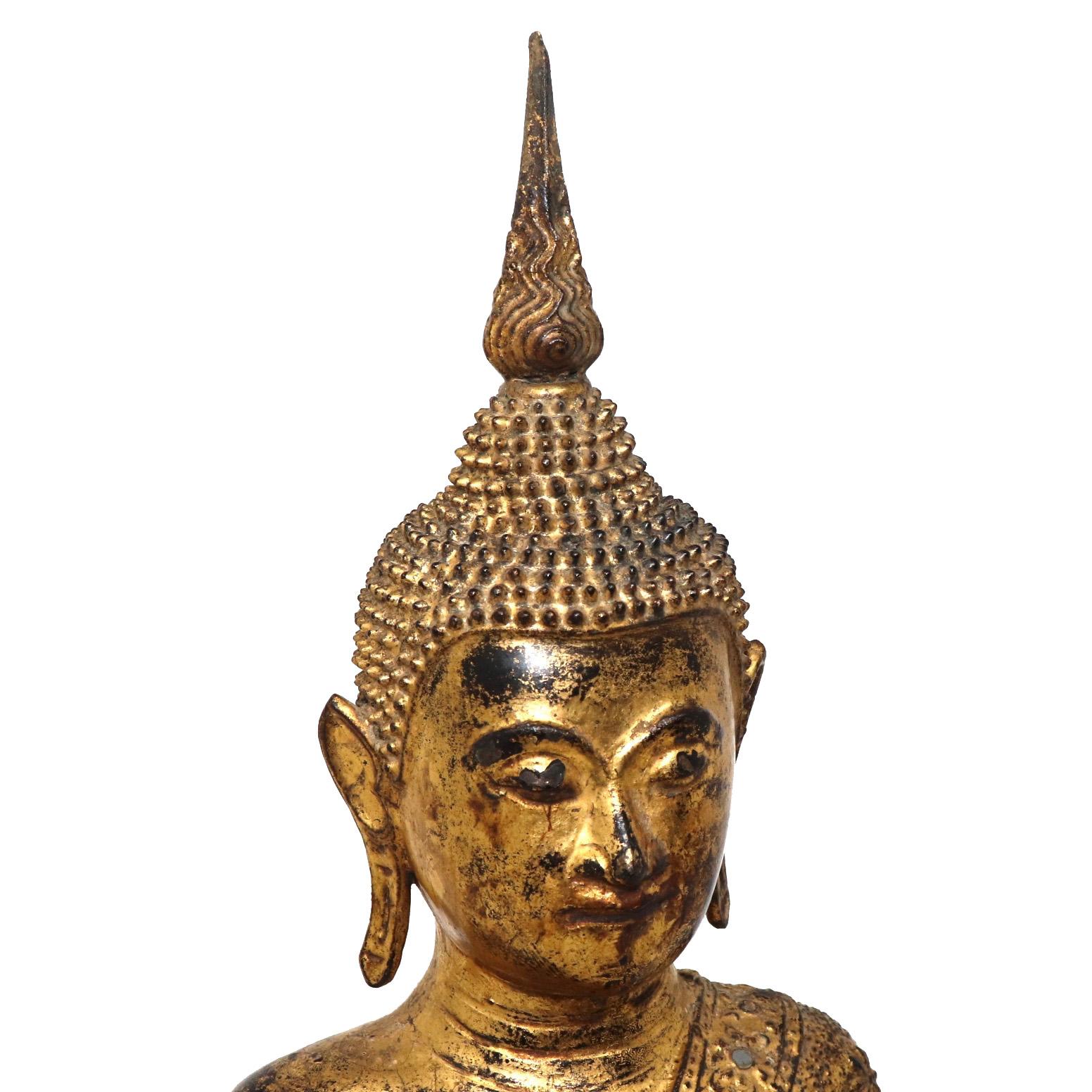 Thai Gilt Bronze Seated Earth Touching Buddha Figure, Late 19th Century For Sale 14