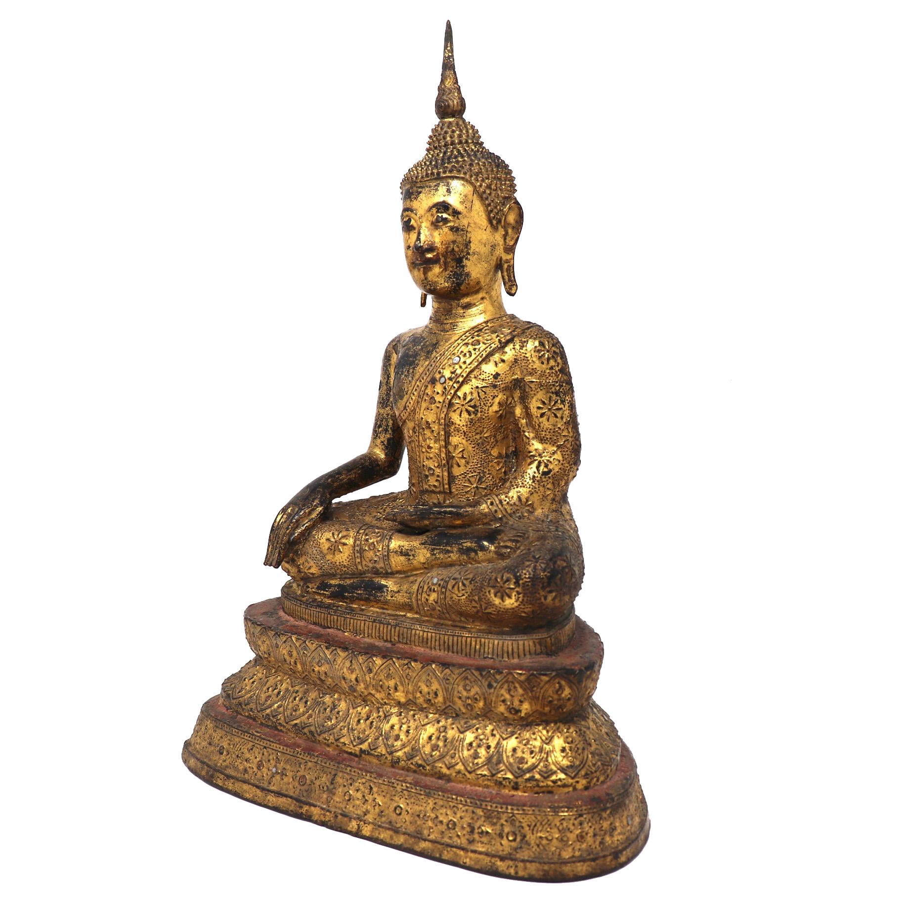 Thai Gilt Bronze Seated Earth Touching Buddha Figure, Late 19th Century For Sale 3