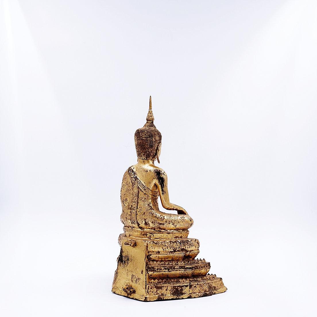 Thai Gilt Bronze Seated Earth Touching Buddha Figure, Late 19th Century For Sale 4