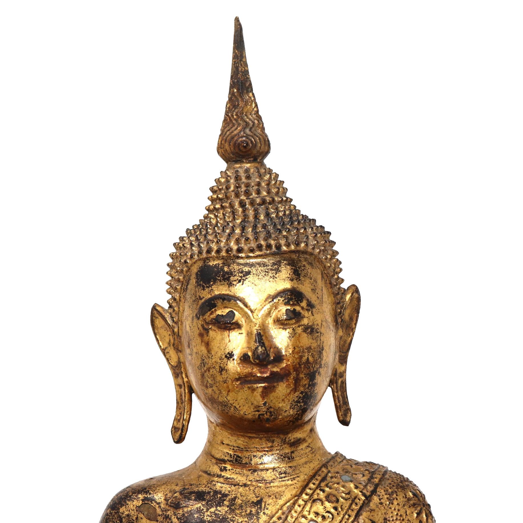 Thai Gilt Bronze Seated Earth Touching Buddha Figure, Late 19th Century For Sale 4