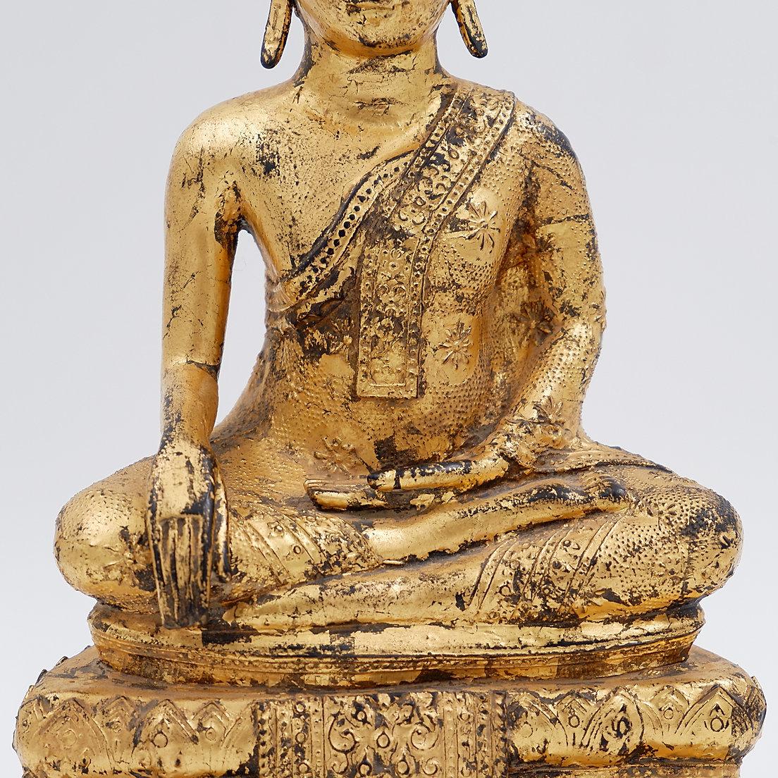 Thai Gilt Bronze Seated Earth Touching Buddha Figure, Late 19th Century For Sale 5