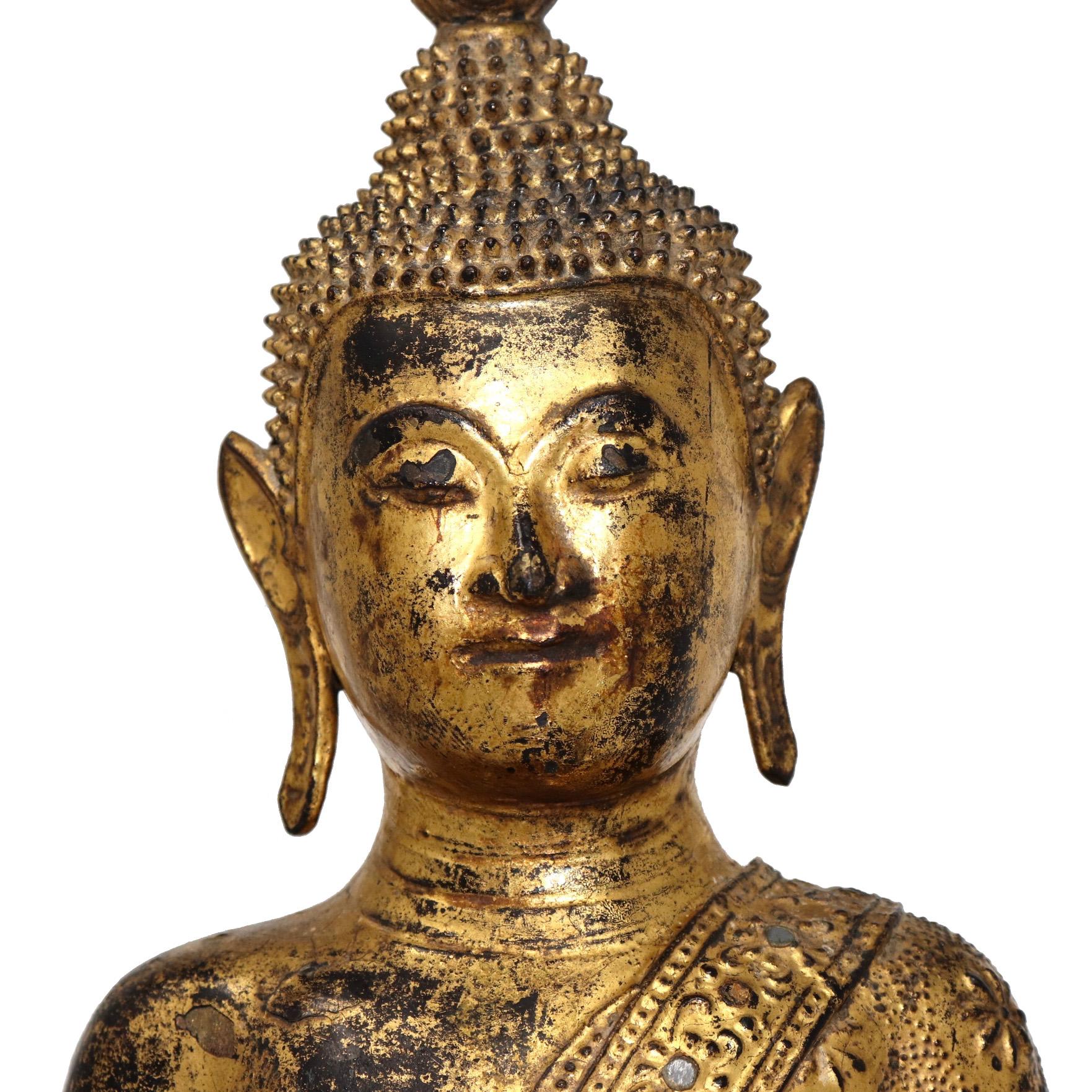 Thai Gilt Bronze Seated Earth Touching Buddha Figure, Late 19th Century For Sale 5