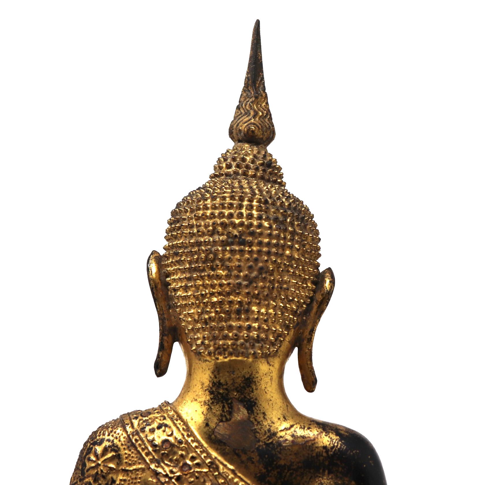 Thai Gilt Bronze Seated Earth Touching Buddha Figure, Late 19th Century For Sale 6