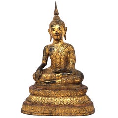 Thai Gilt Bronze Seated Earth Touching Buddha Figure, Late 19th Century
