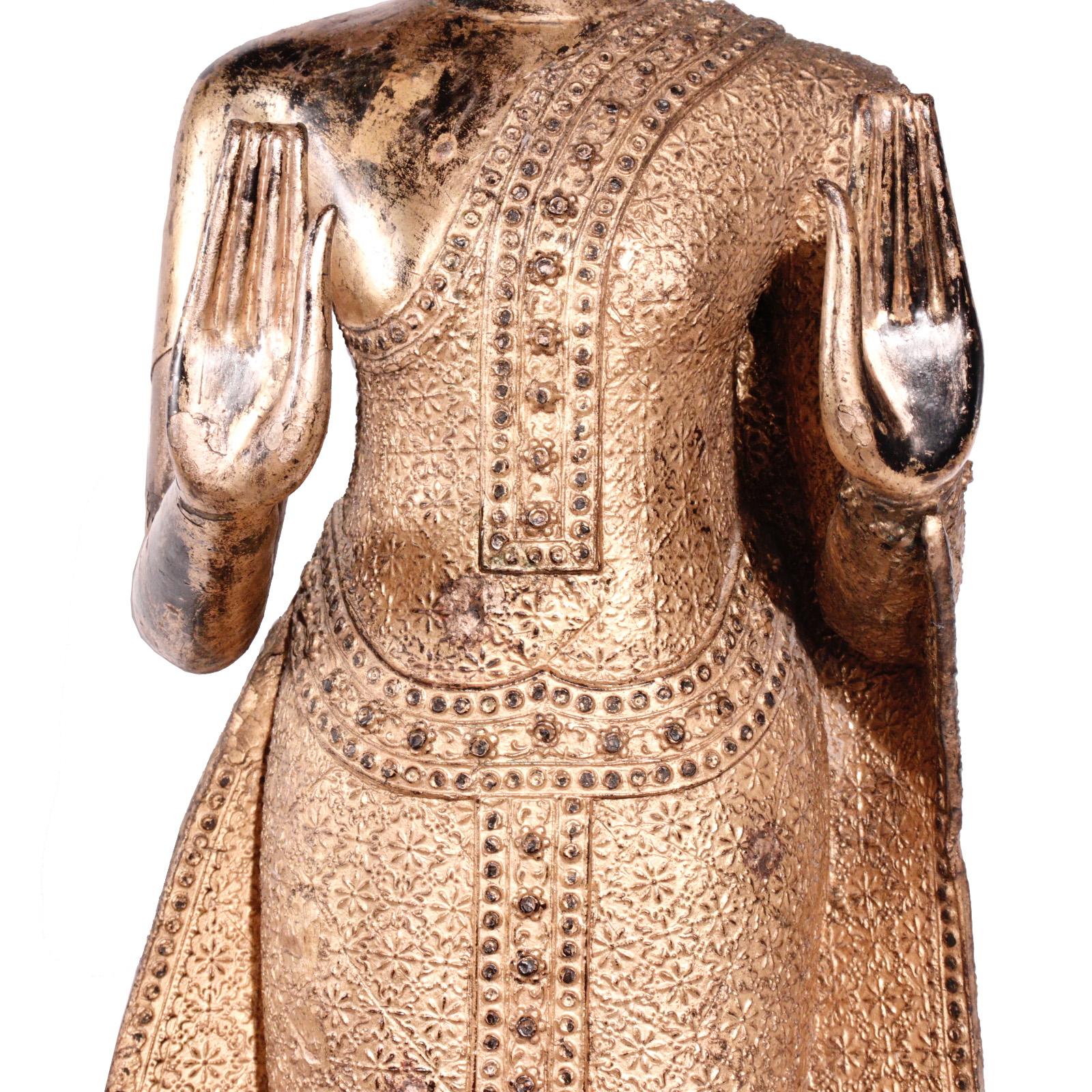 Thai Gilt Bronze Standing Buddha Figure, Late 19th Century For Sale 7