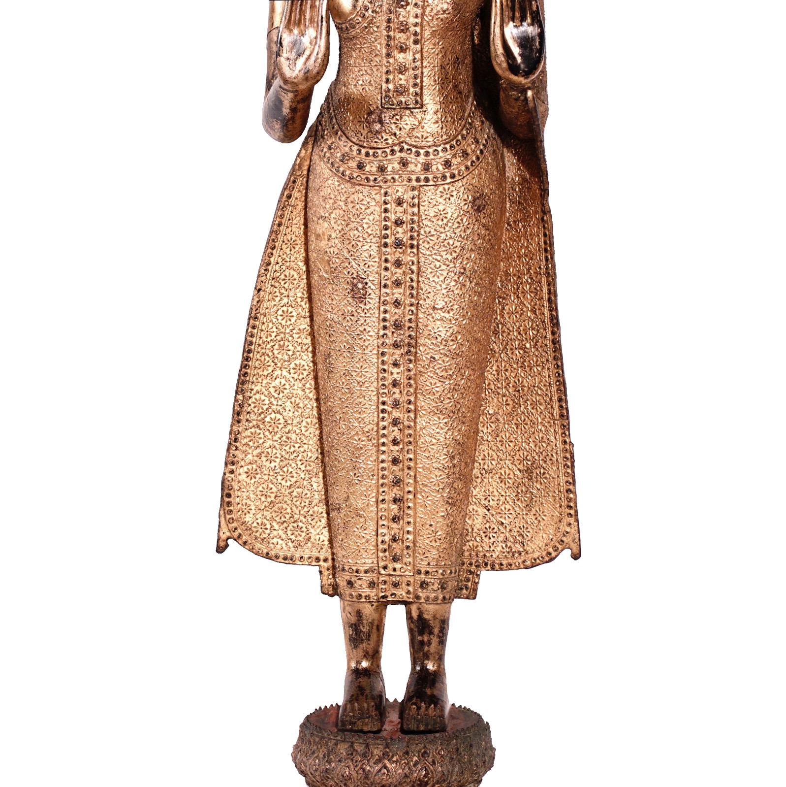 Thai Gilt Bronze Standing Buddha Figure, Late 19th Century For Sale 8