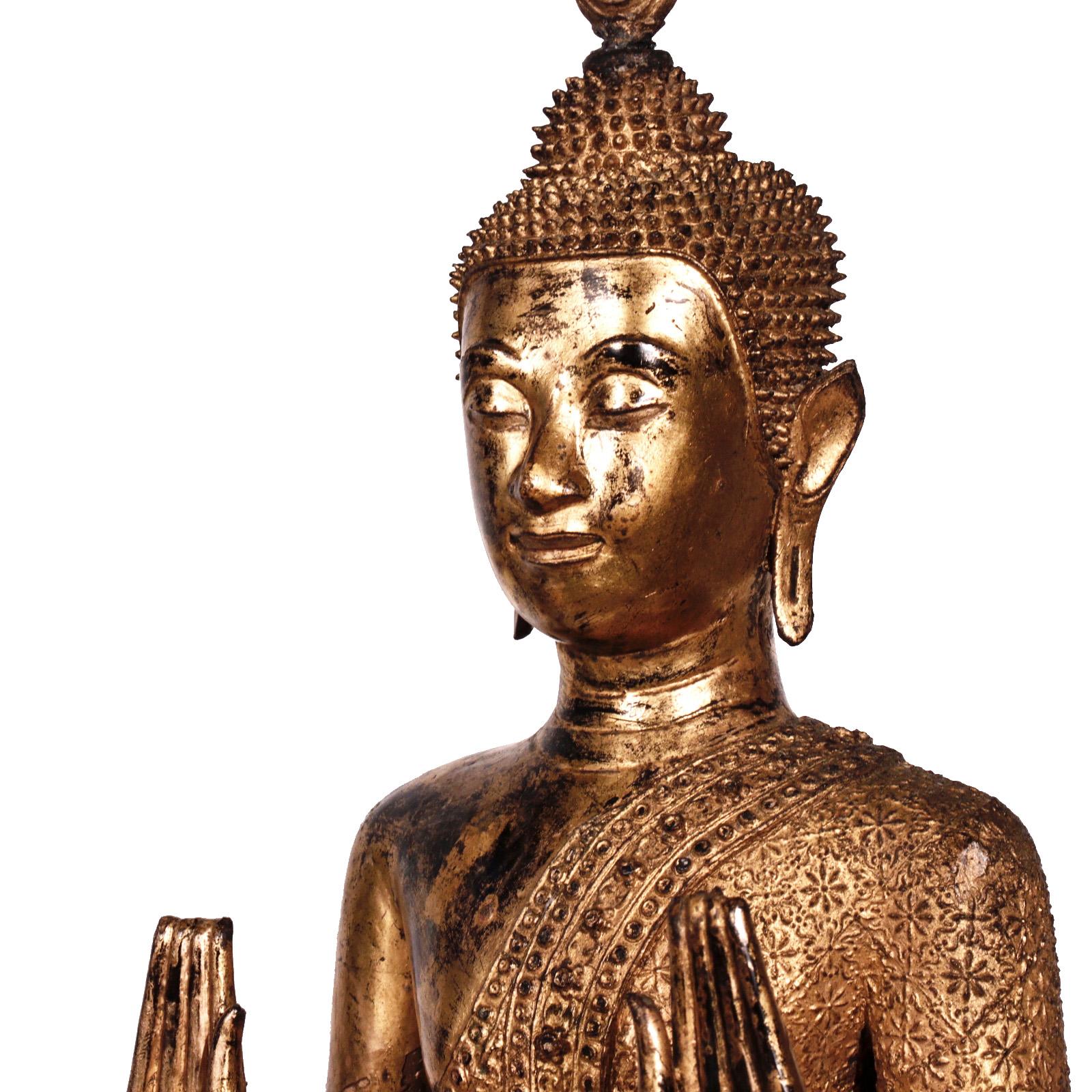 Thai Gilt Bronze Standing Buddha Figure, Late 19th Century For Sale 10