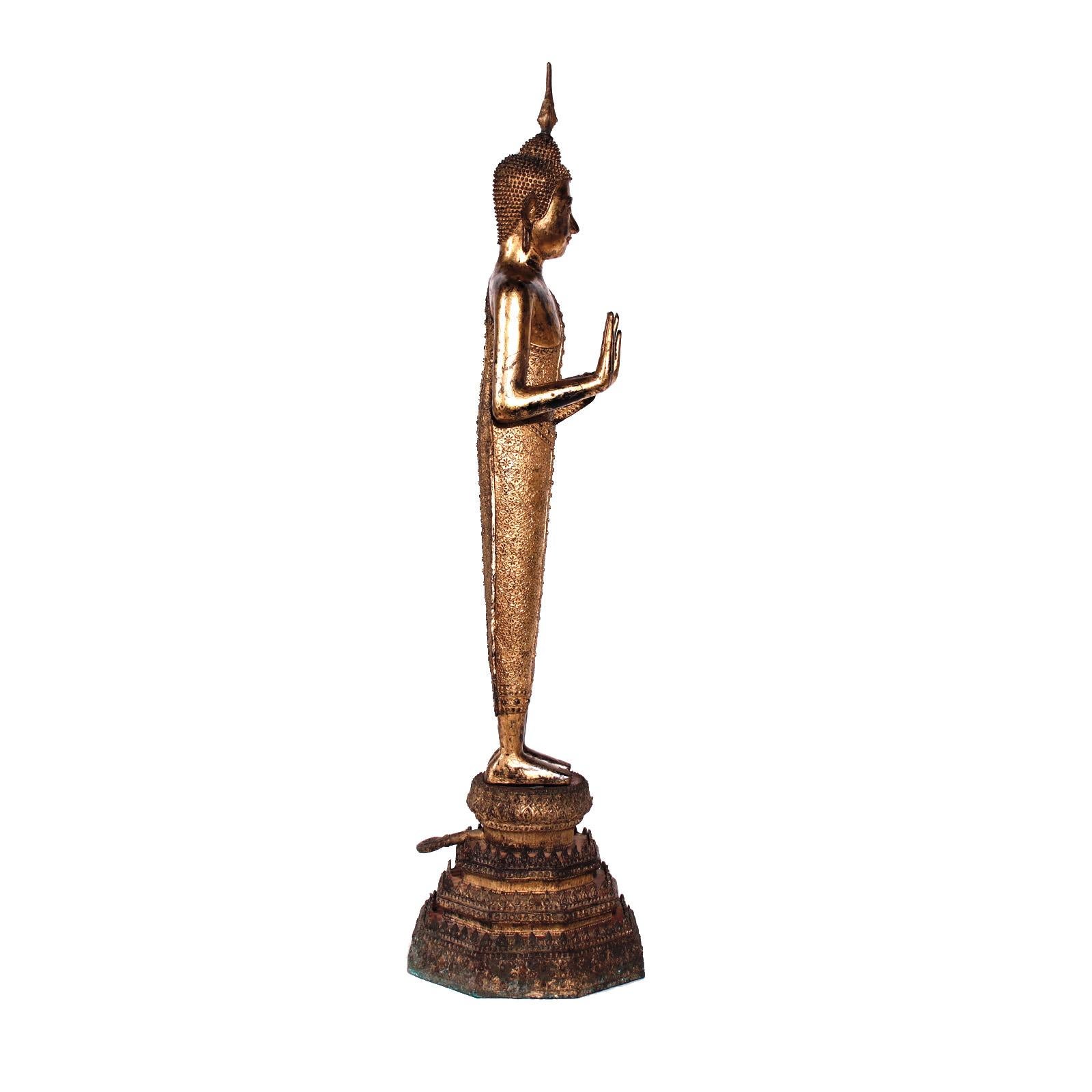 Thai Gilt Bronze Standing Buddha Figure, Late 19th Century For Sale 4
