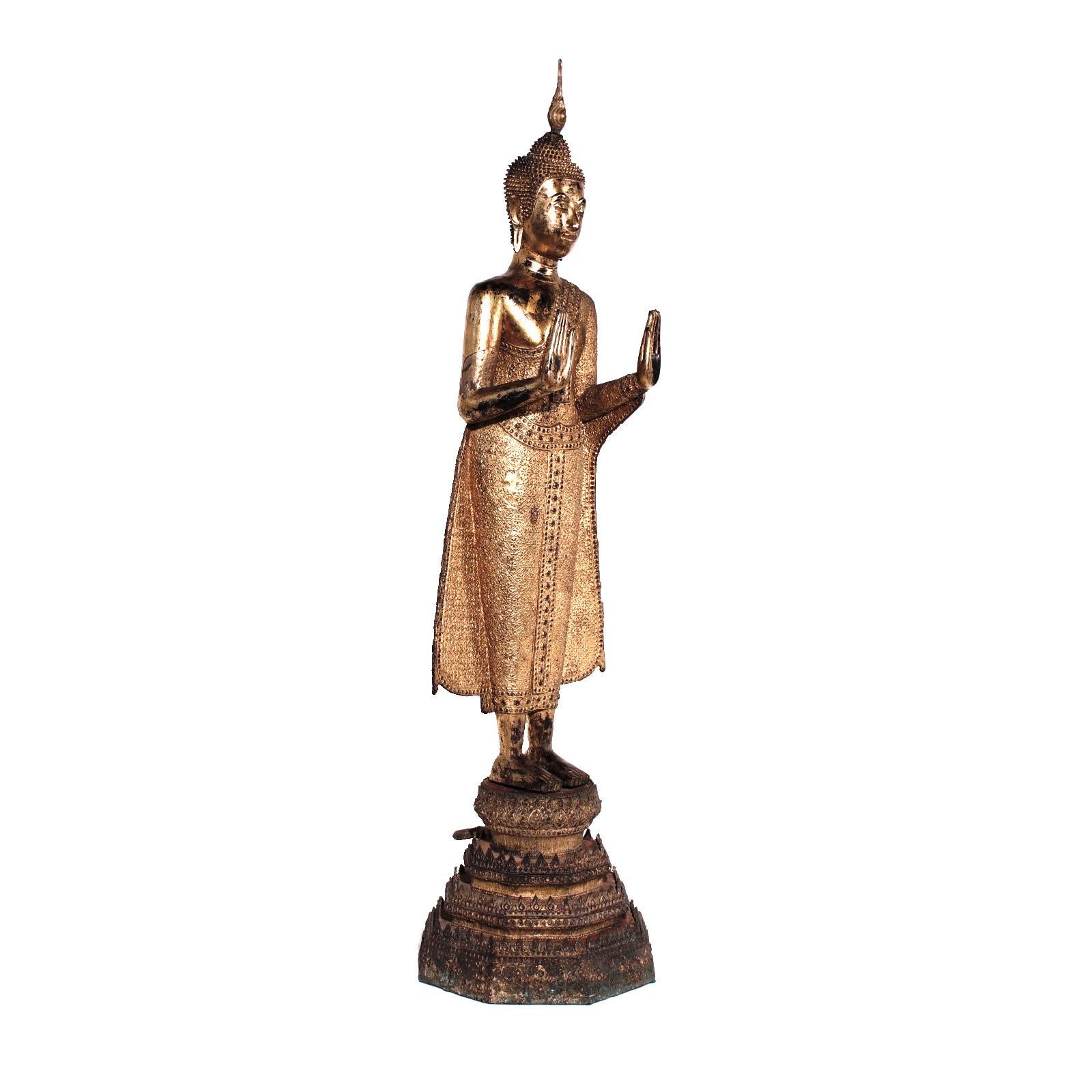 Thai Gilt Bronze Standing Buddha Figure, Late 19th Century For Sale 5