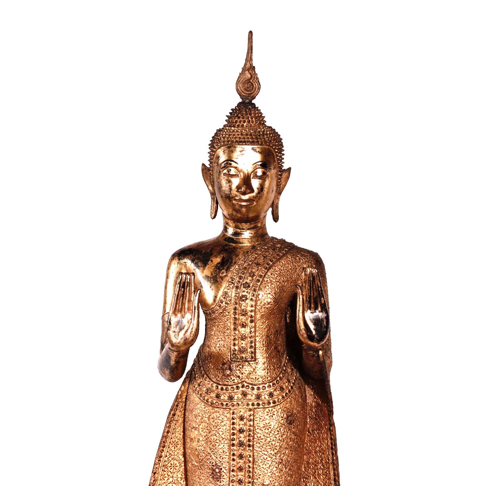 Thai Gilt Bronze Standing Buddha Figure, Late 19th Century For Sale 6