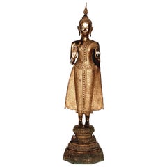 Thai Gilt Bronze Standing Buddha Figure, Late 19th Century