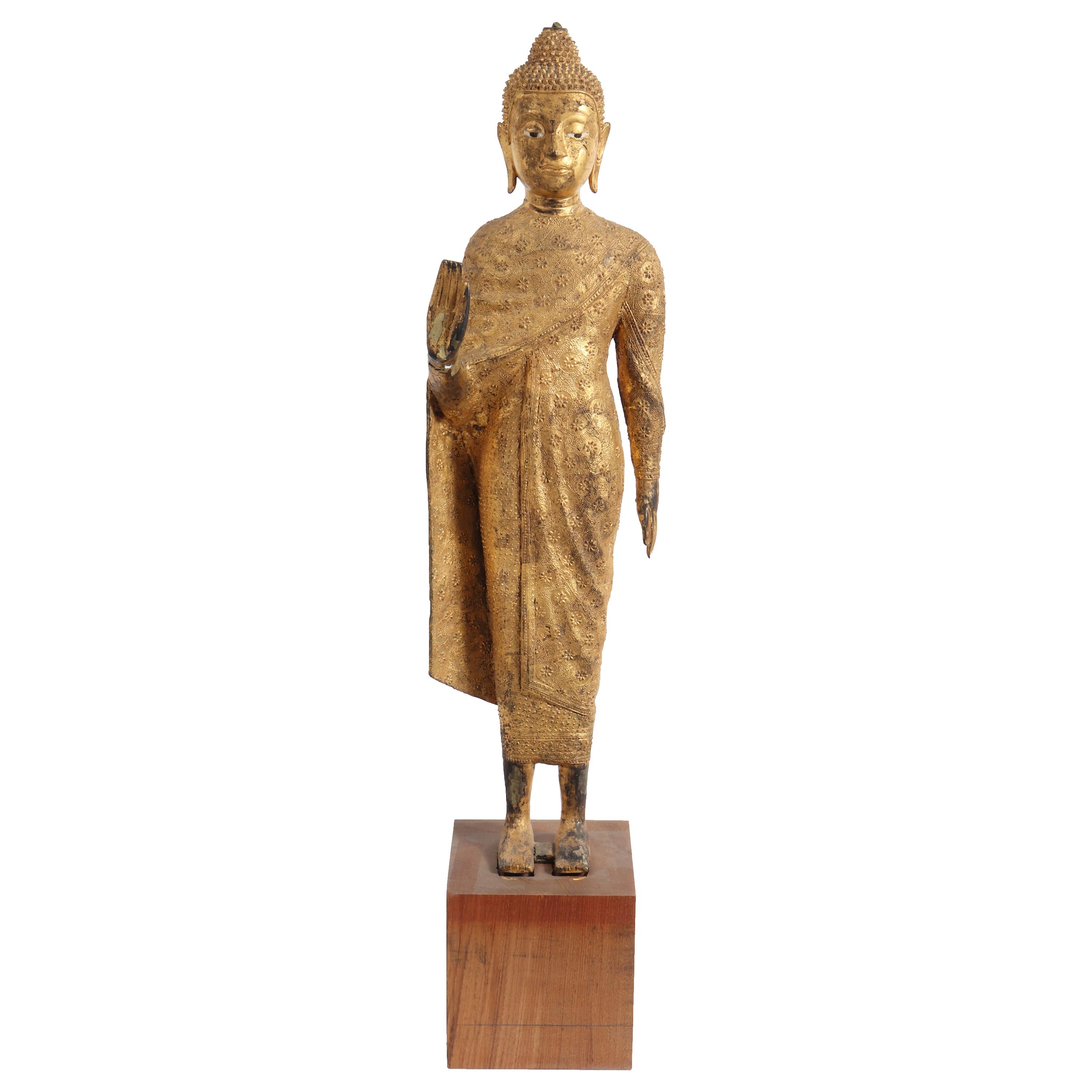 Thai Gilt Bronze Standing Buddha Sculpture