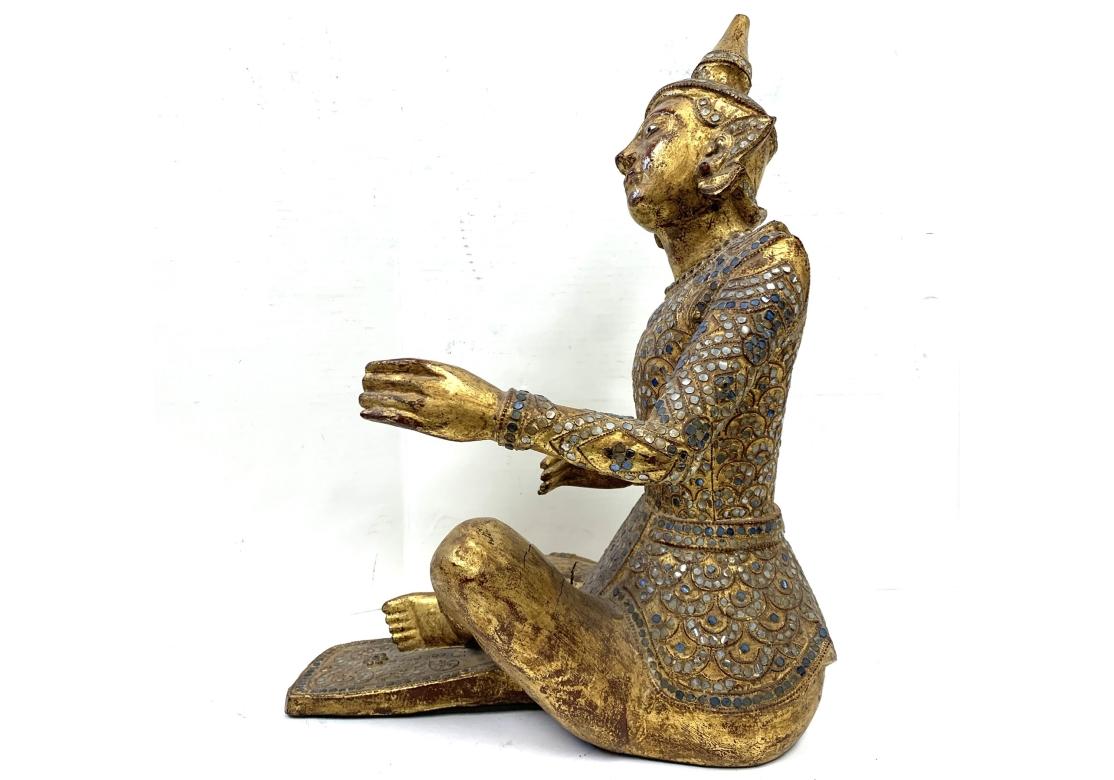 Thai Glass Inlaid Gilt Wood Seated Figure For Sale 4
