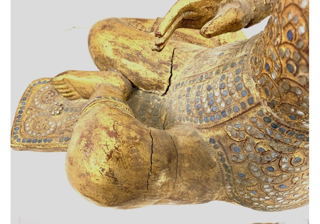 Thai Glass Inlaid Gilt Wood Seated Figure For Sale 5