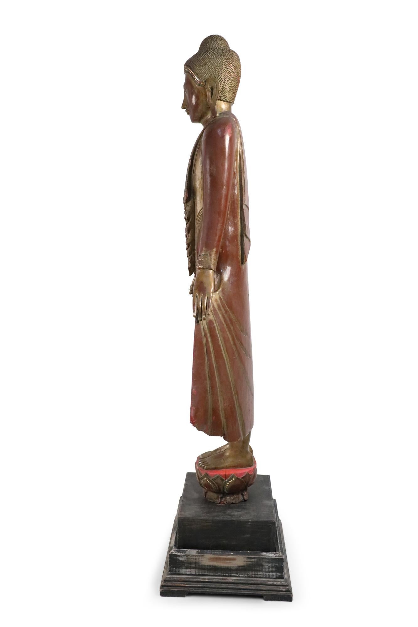 Carved Thai Gold and Red Wooden Bodhisattva Statues For Sale