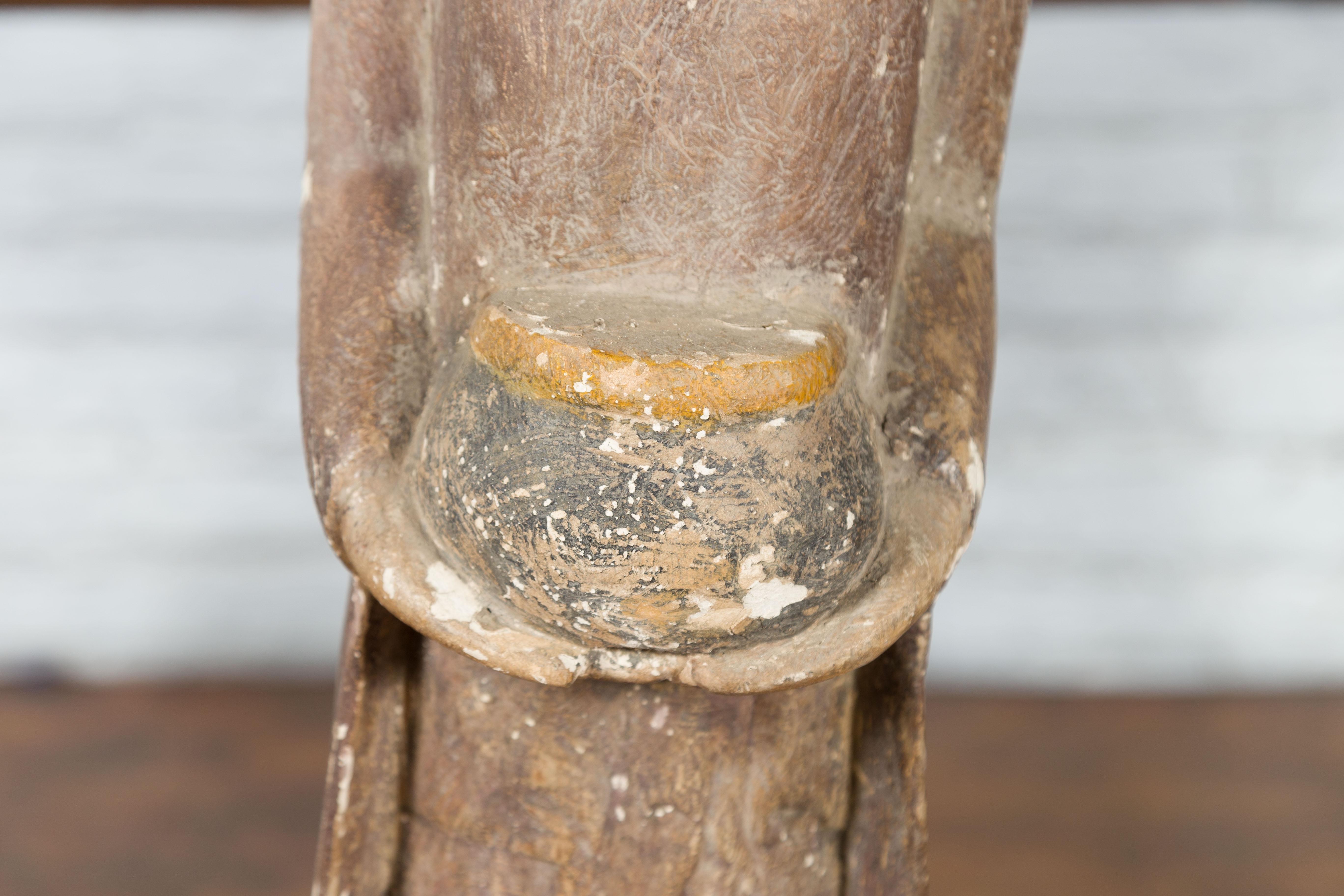 Thai Hand-Carved Standing Buddhist Monk Sculpture on Base with Offering Bowl 2