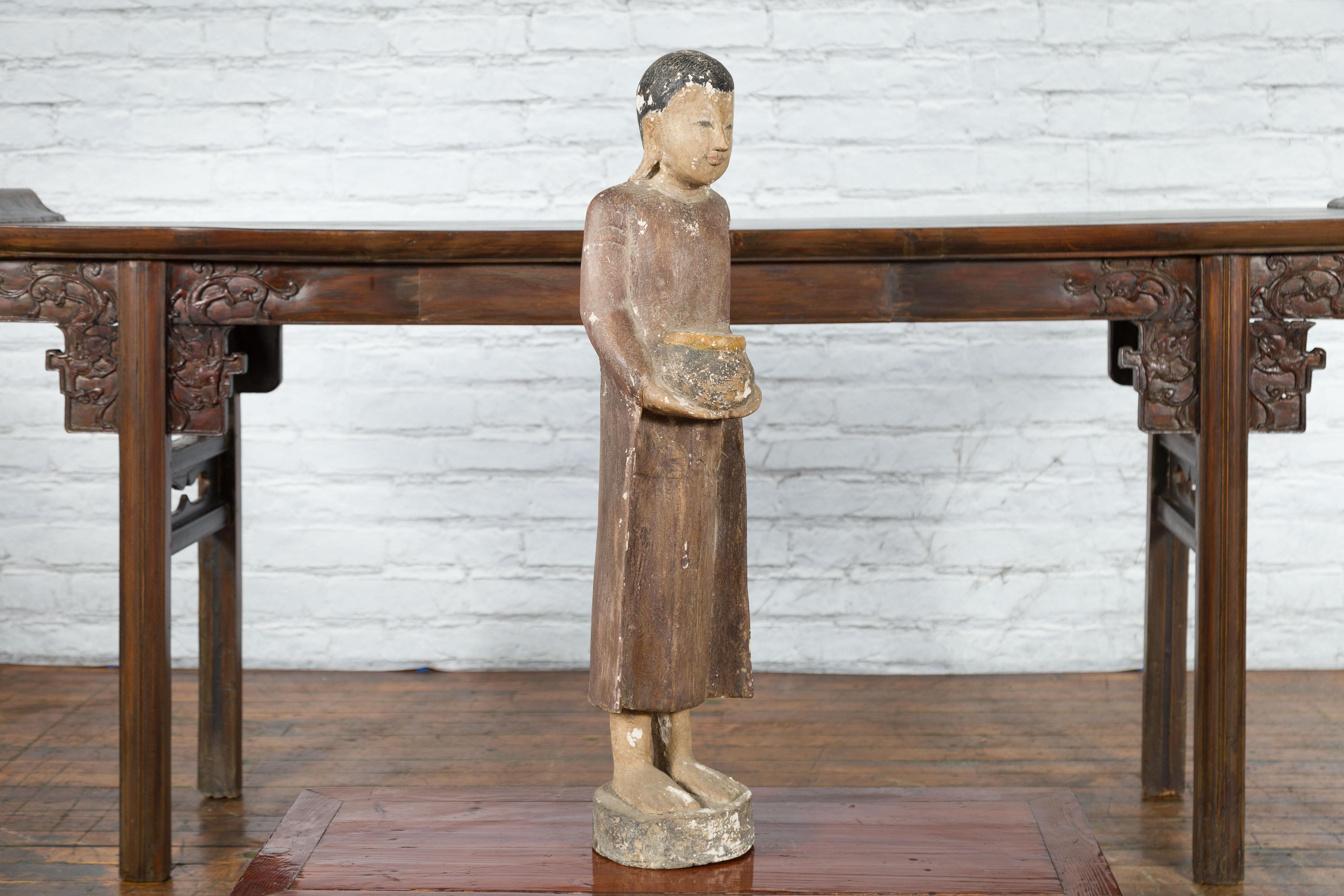 Thai Hand-Carved Standing Buddhist Monk Sculpture on Base with Offering Bowl 4